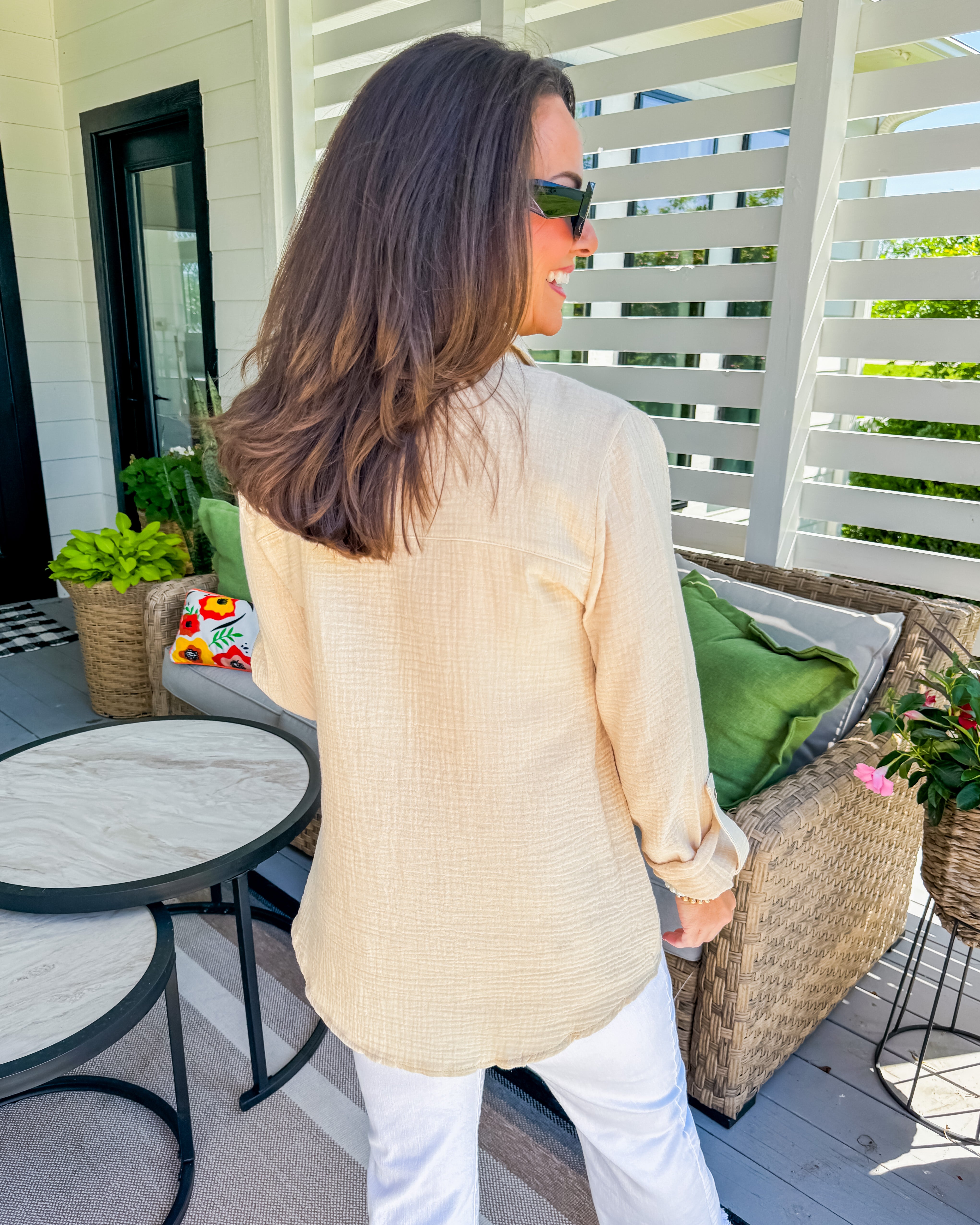 Long Sleeve Double Gauze Button Down Shirt in Natural