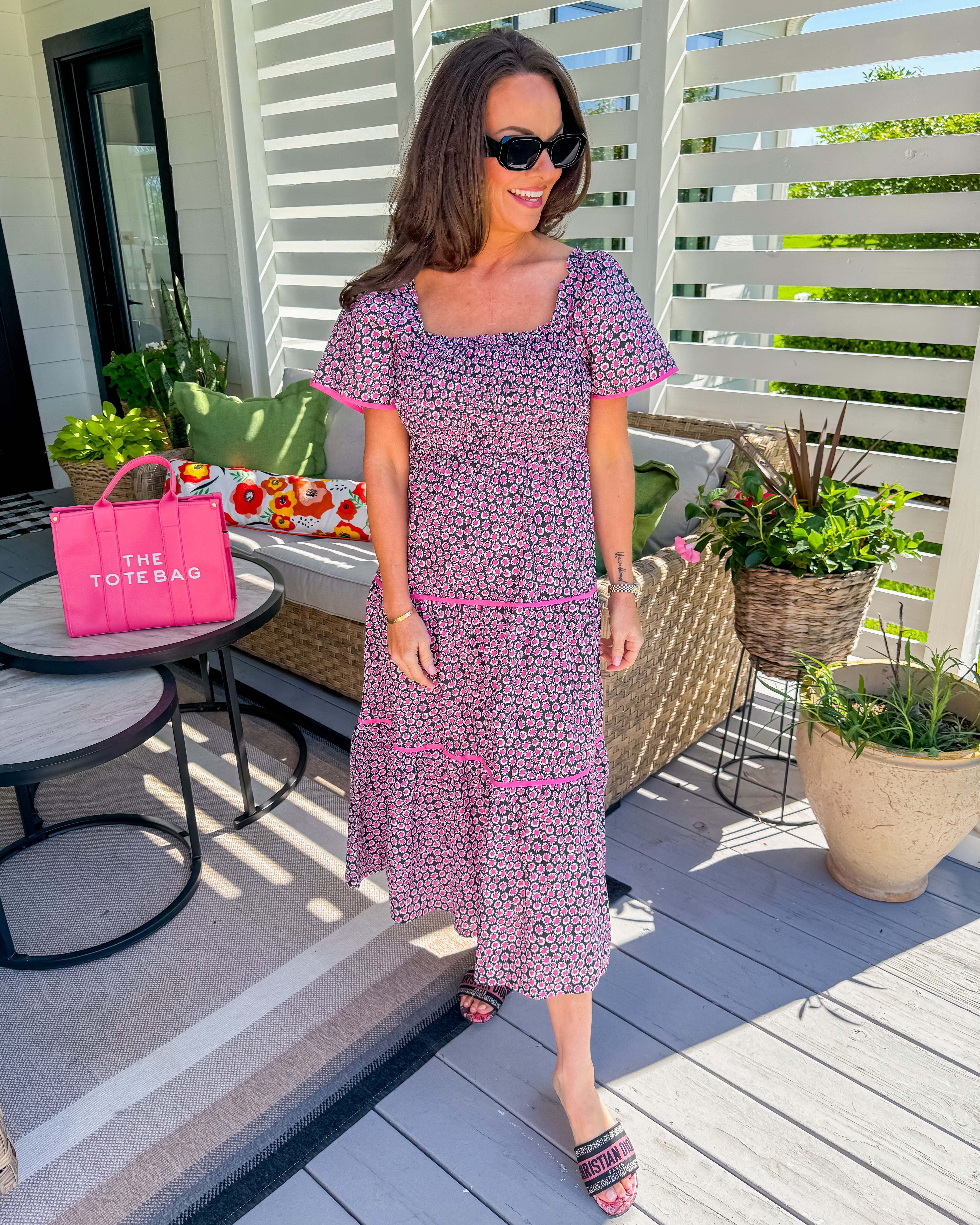 Floral Print Square Neckline Tiered Midi Dress in Black Mix