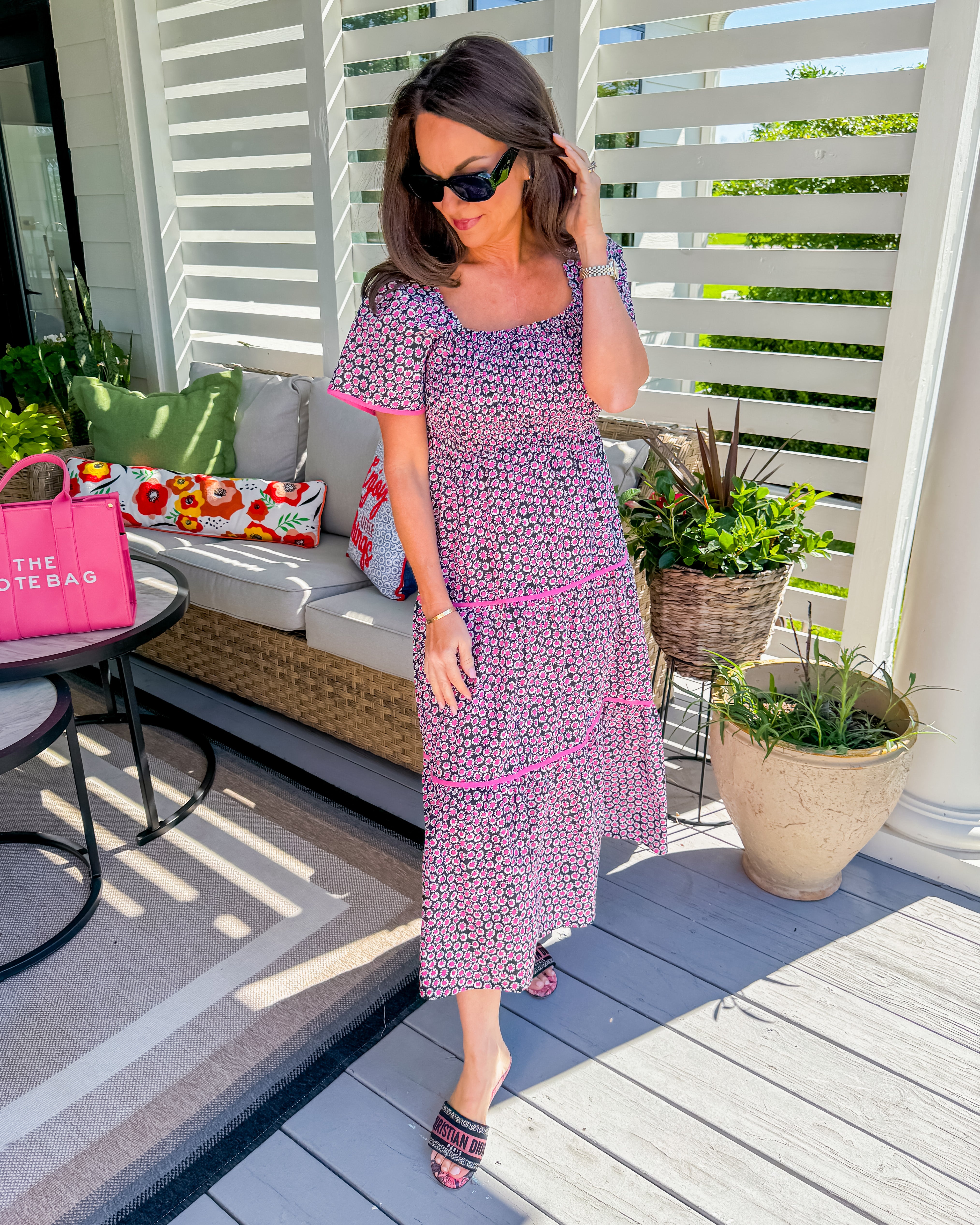 Floral Print Square Neckline Tiered Midi Dress in Black Mix
