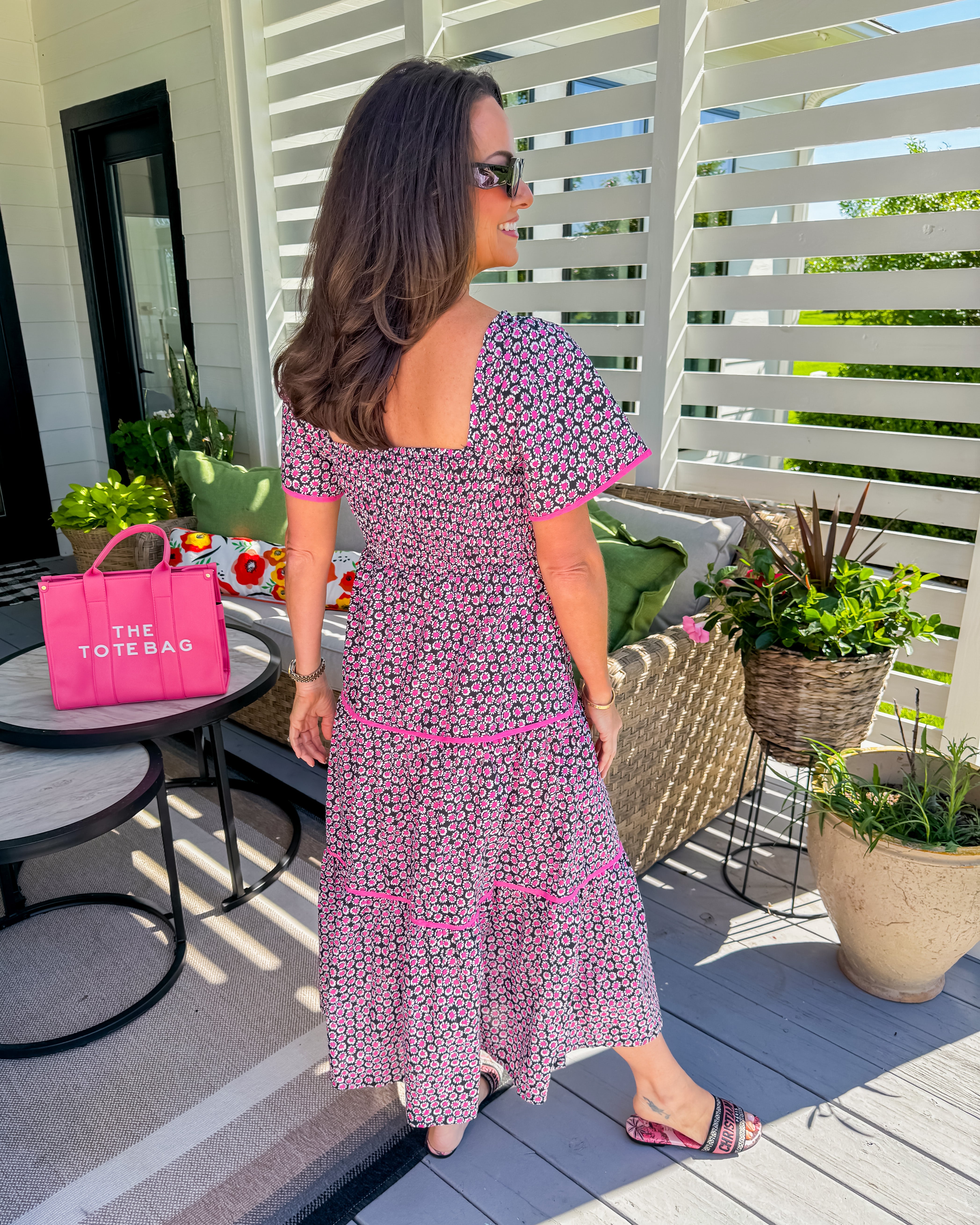 Floral Print Square Neckline Tiered Midi Dress in Black Mix