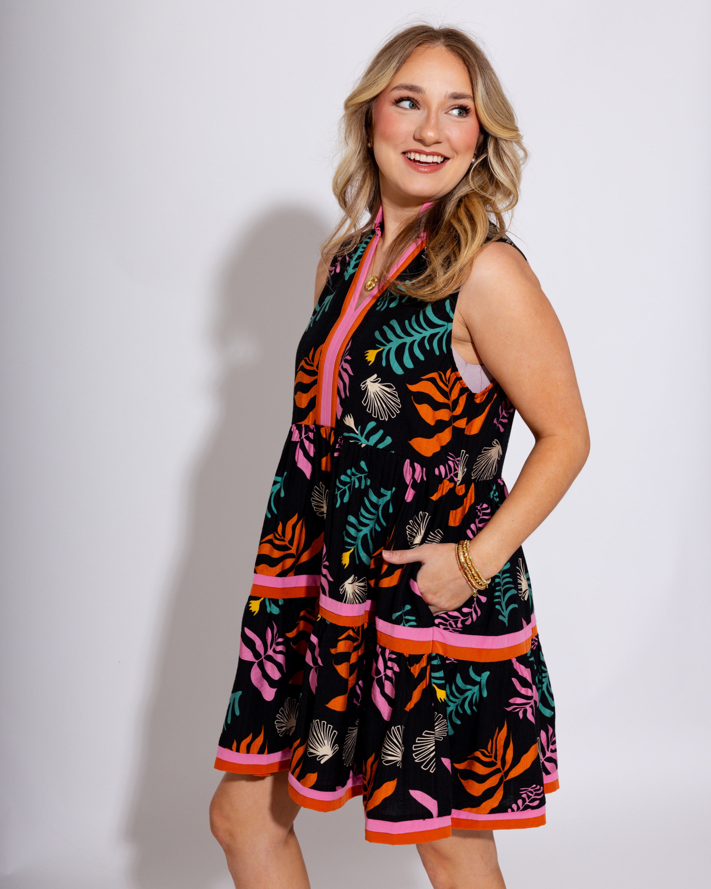 Palm Vibes Mini Ruffled Neck Dress