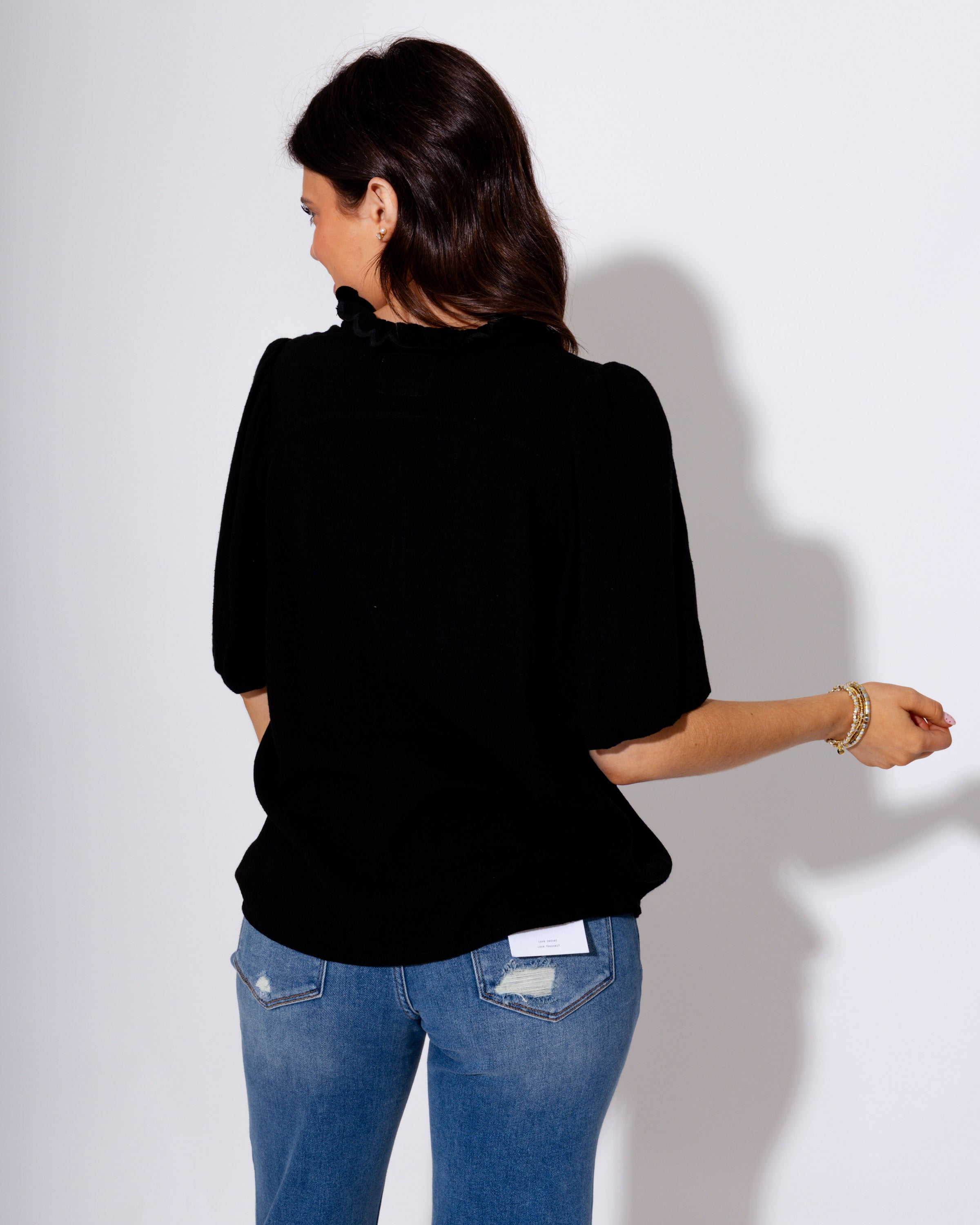 Breezy Ruffle V-Neck Linen Top in Black