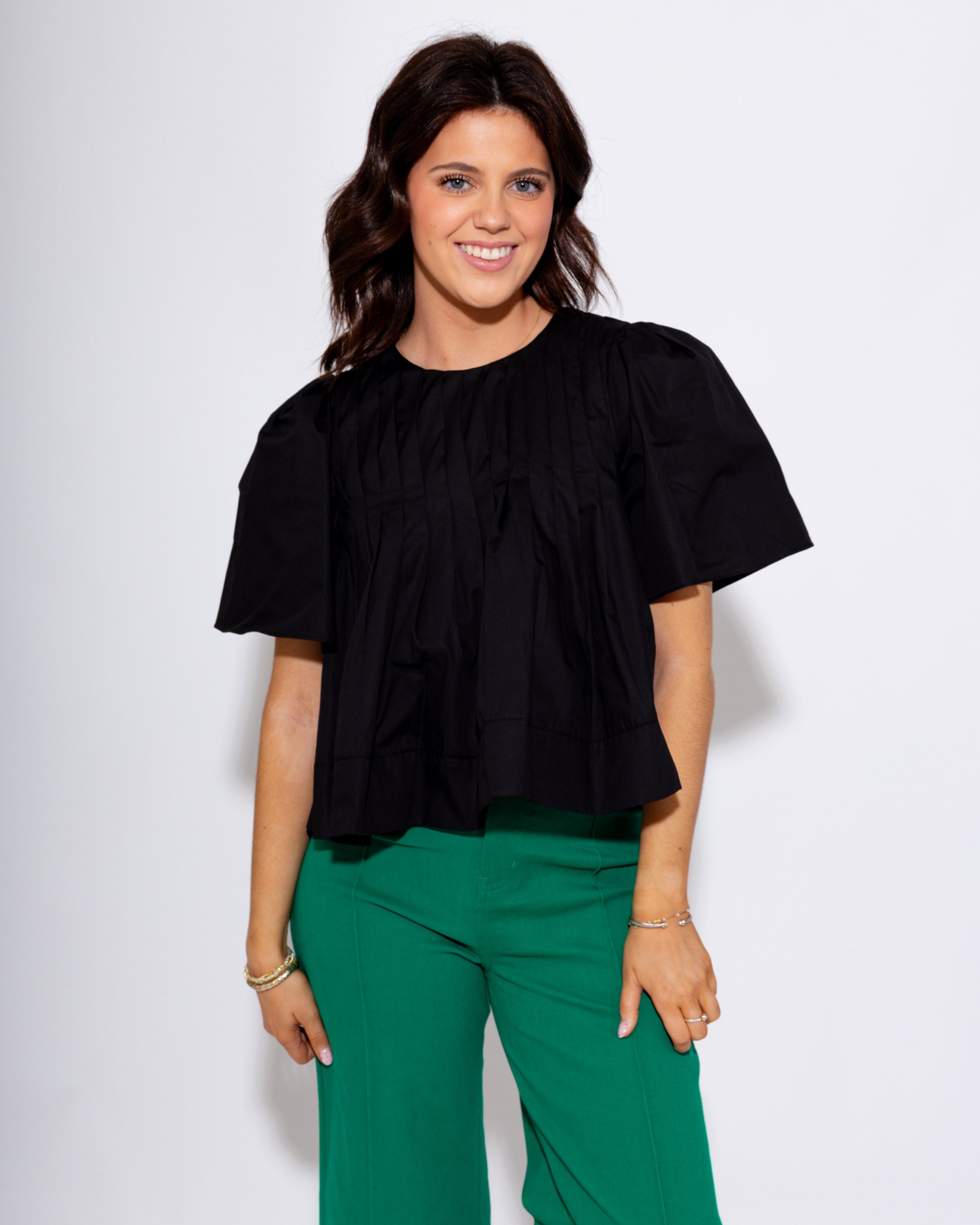 Pleated Short Sleeve Top in Black