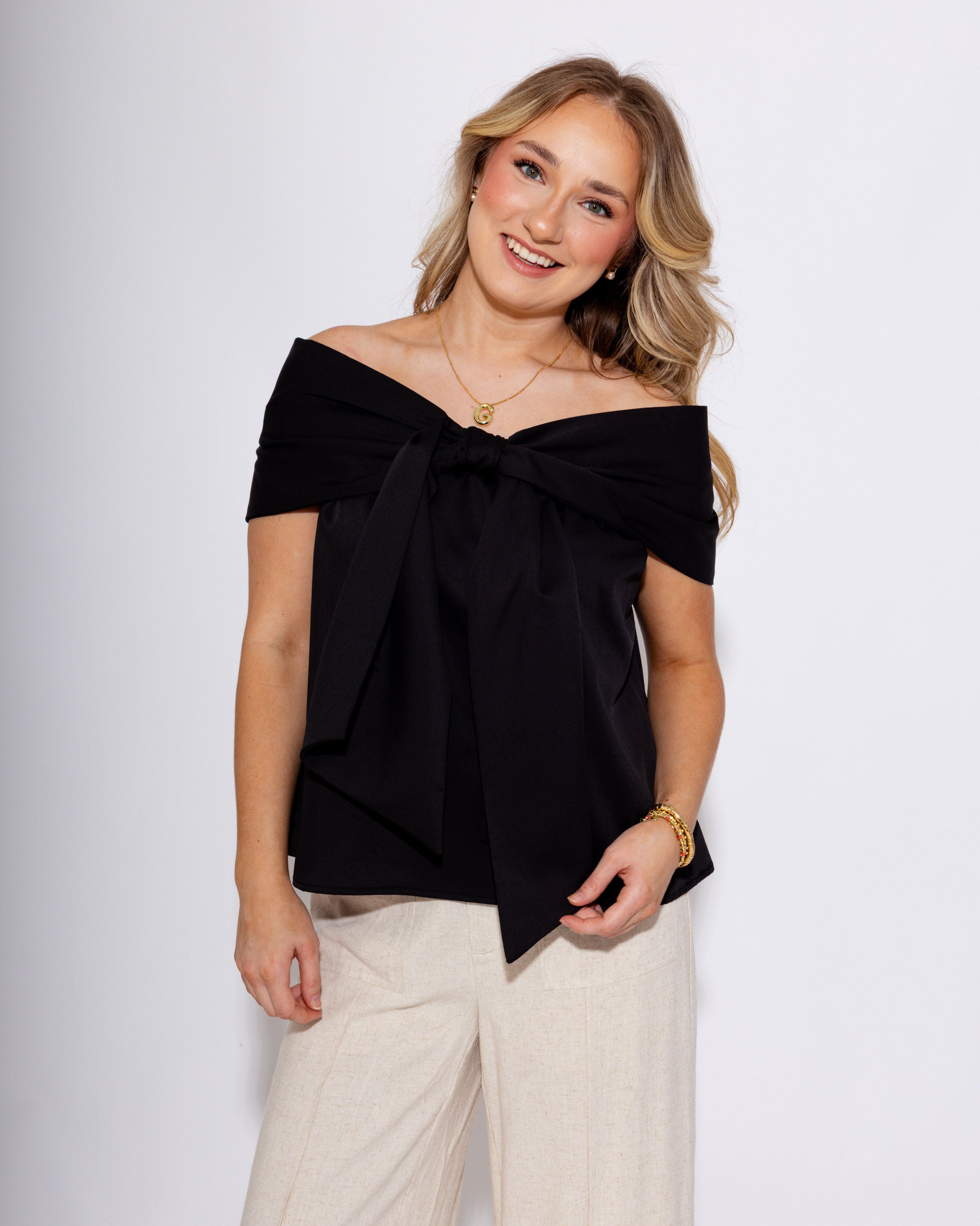 Bow Accented Off The Shoulder Top in Black