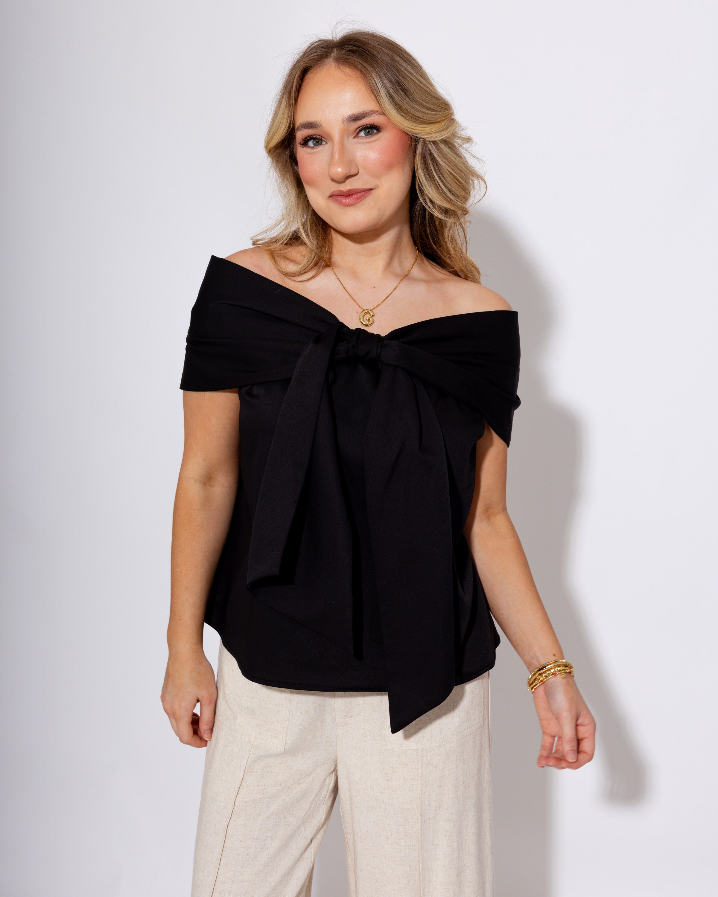 Bow Accented Off The Shoulder Top in Black