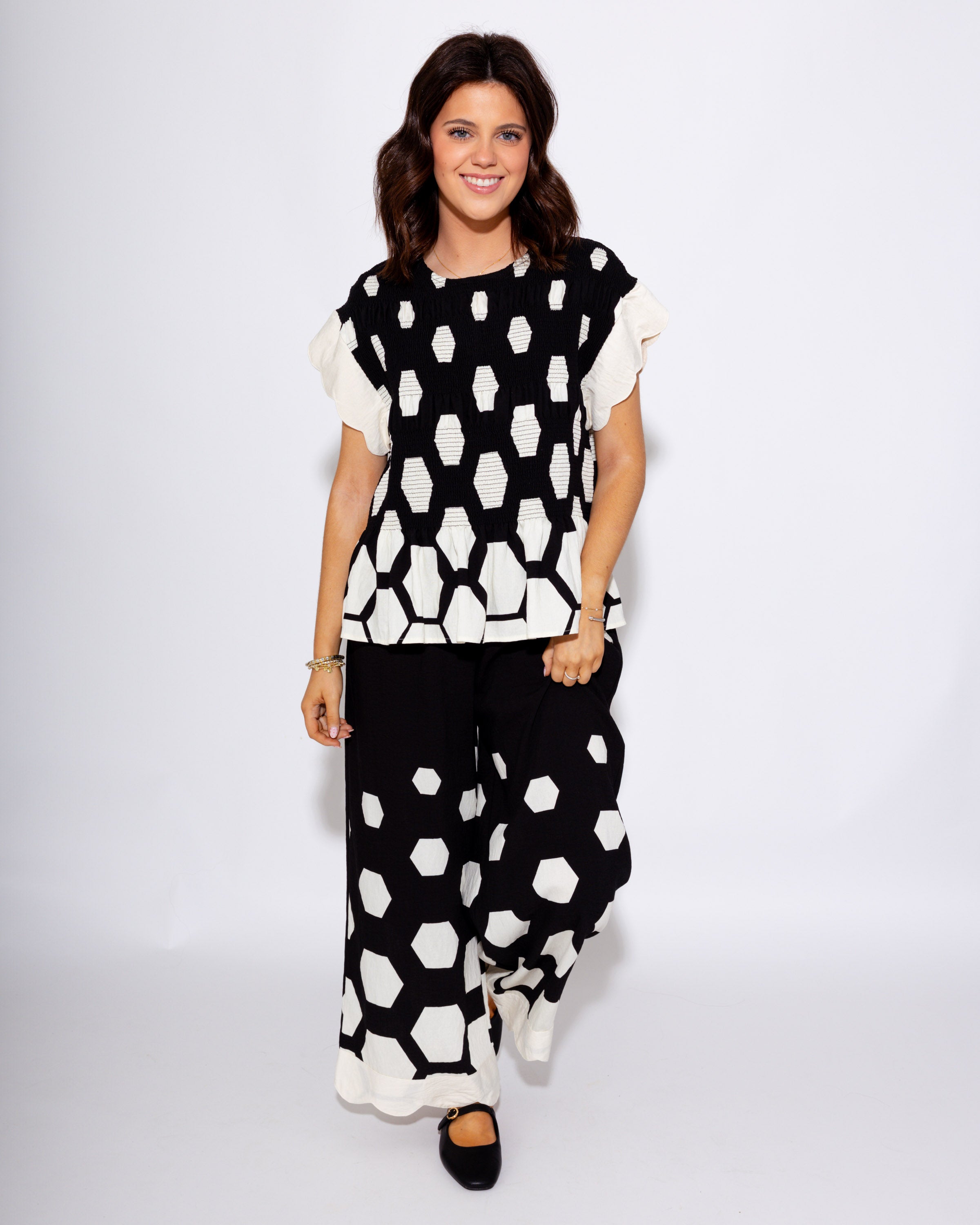 Scalloped Smocked Print Pants