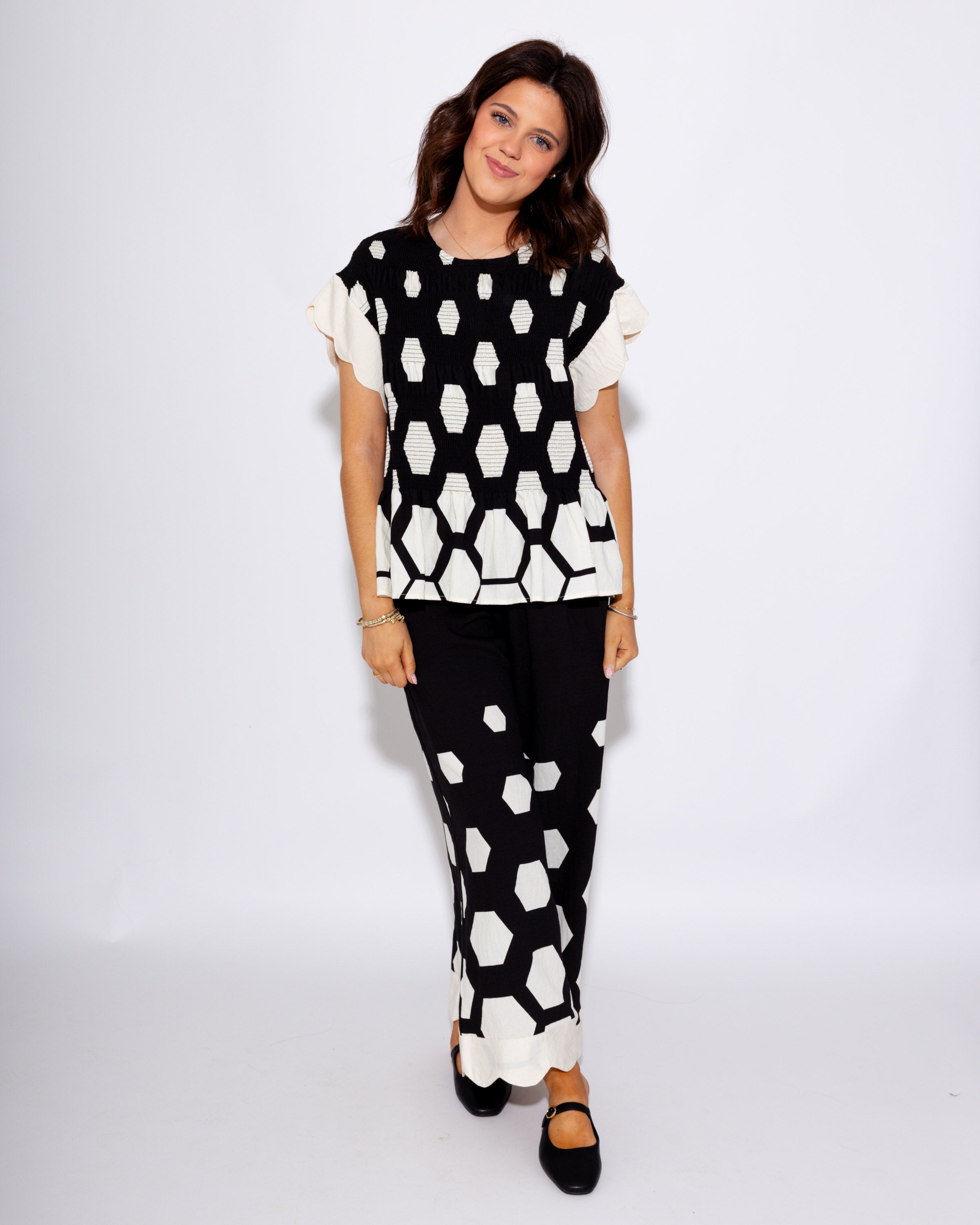 Scalloped Smocked Print Pants