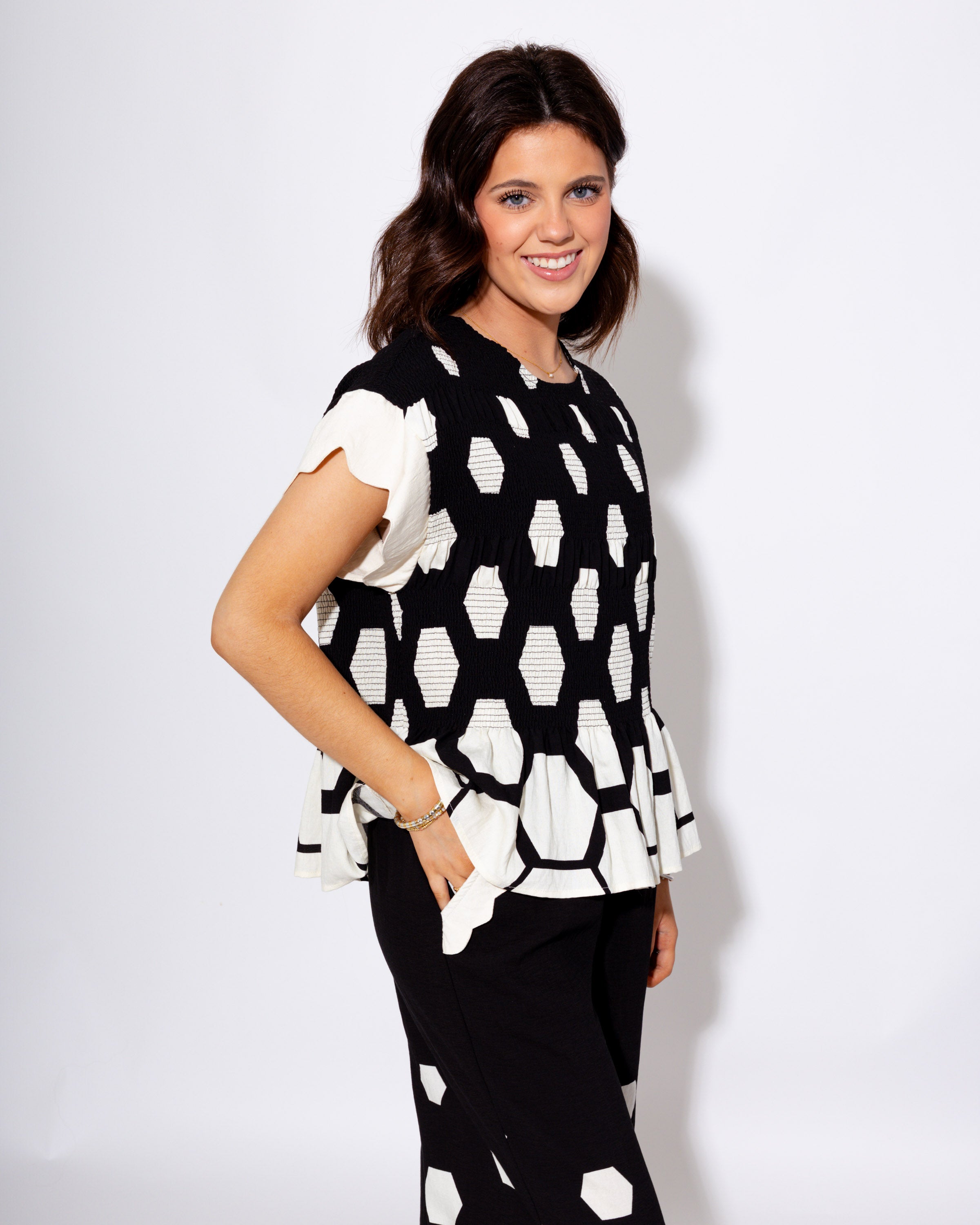 Scalloped Smocked Print Top