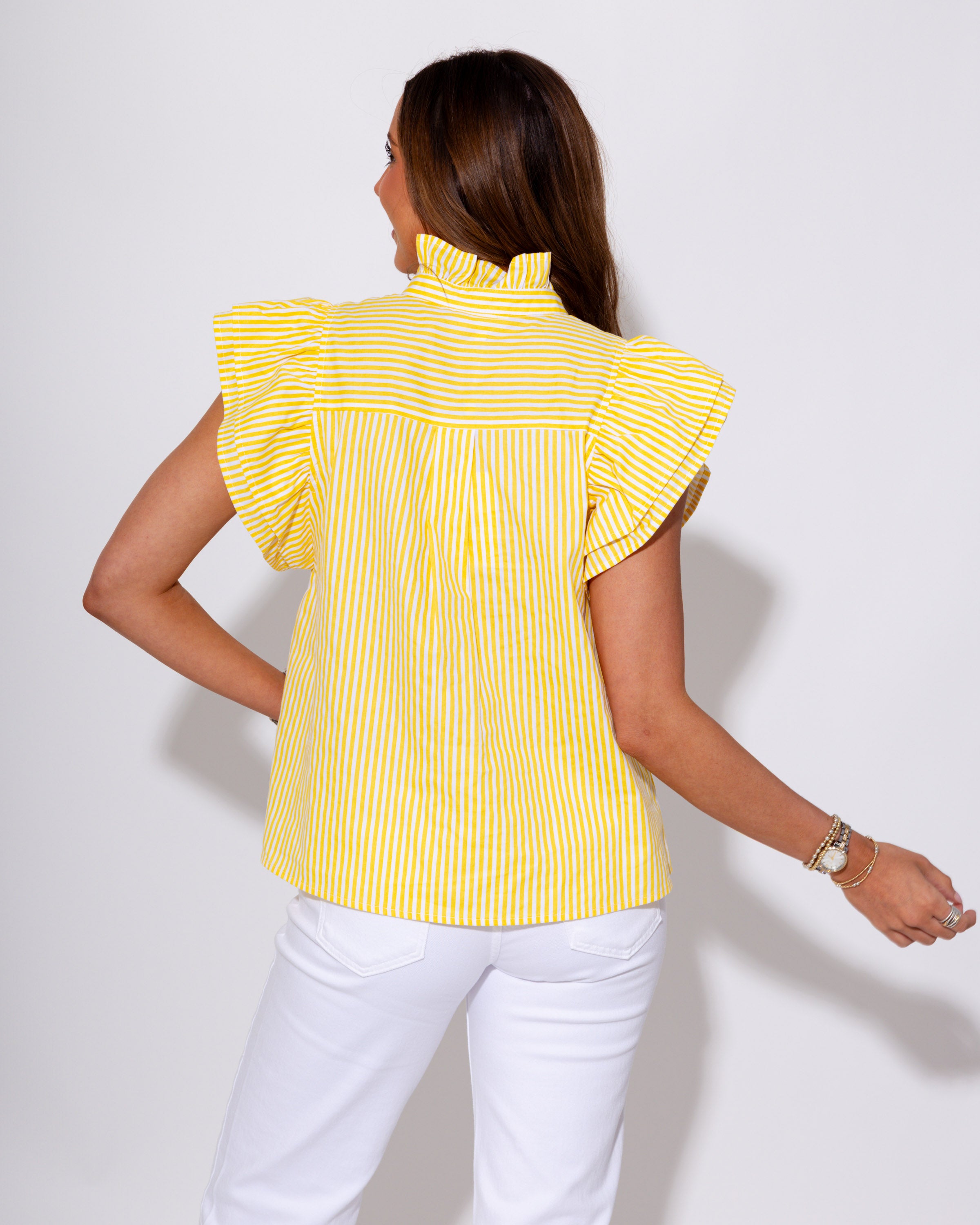 Sunny Stripe Ruffle Neck Top