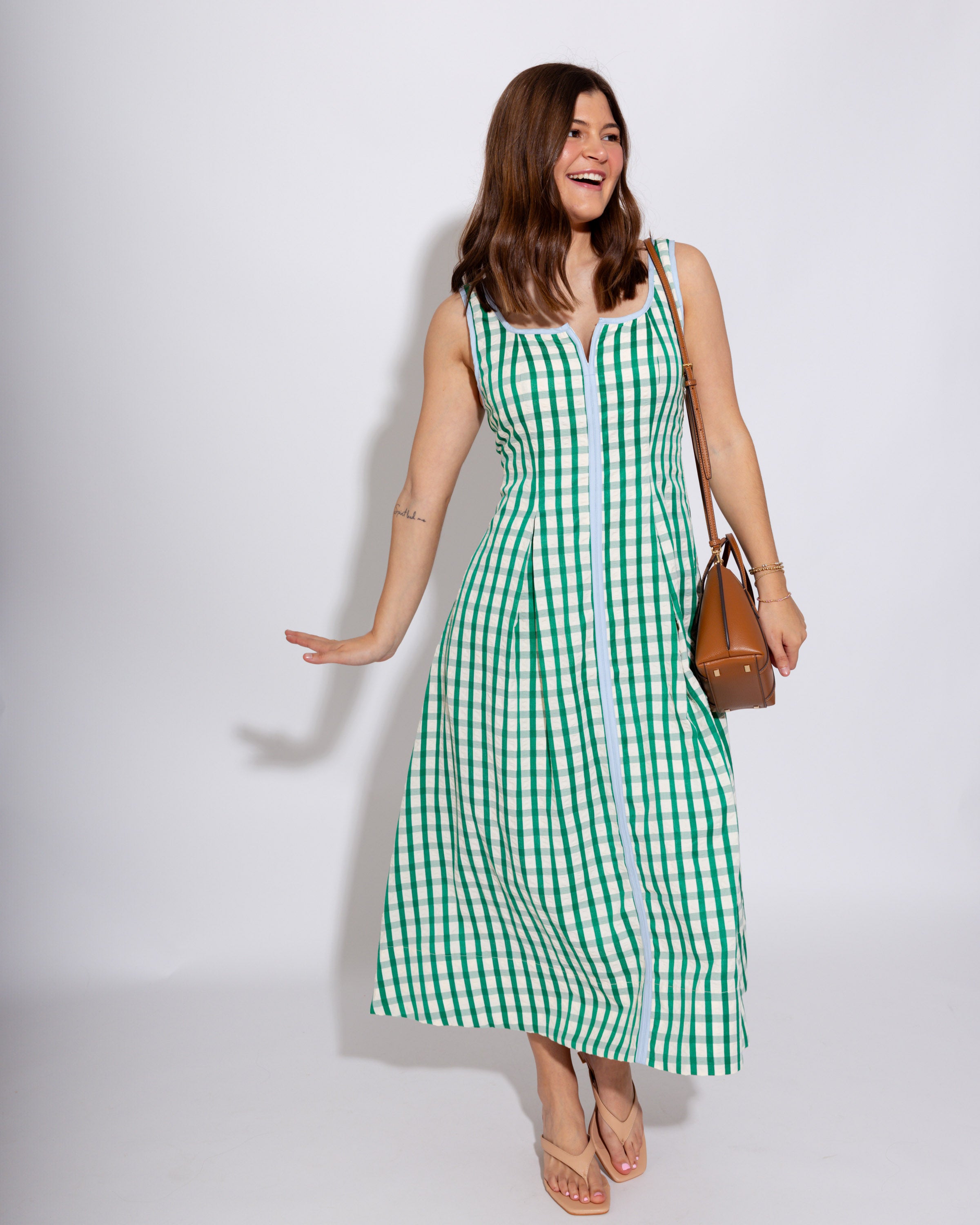 Green Gingham Pleated Midi Dress