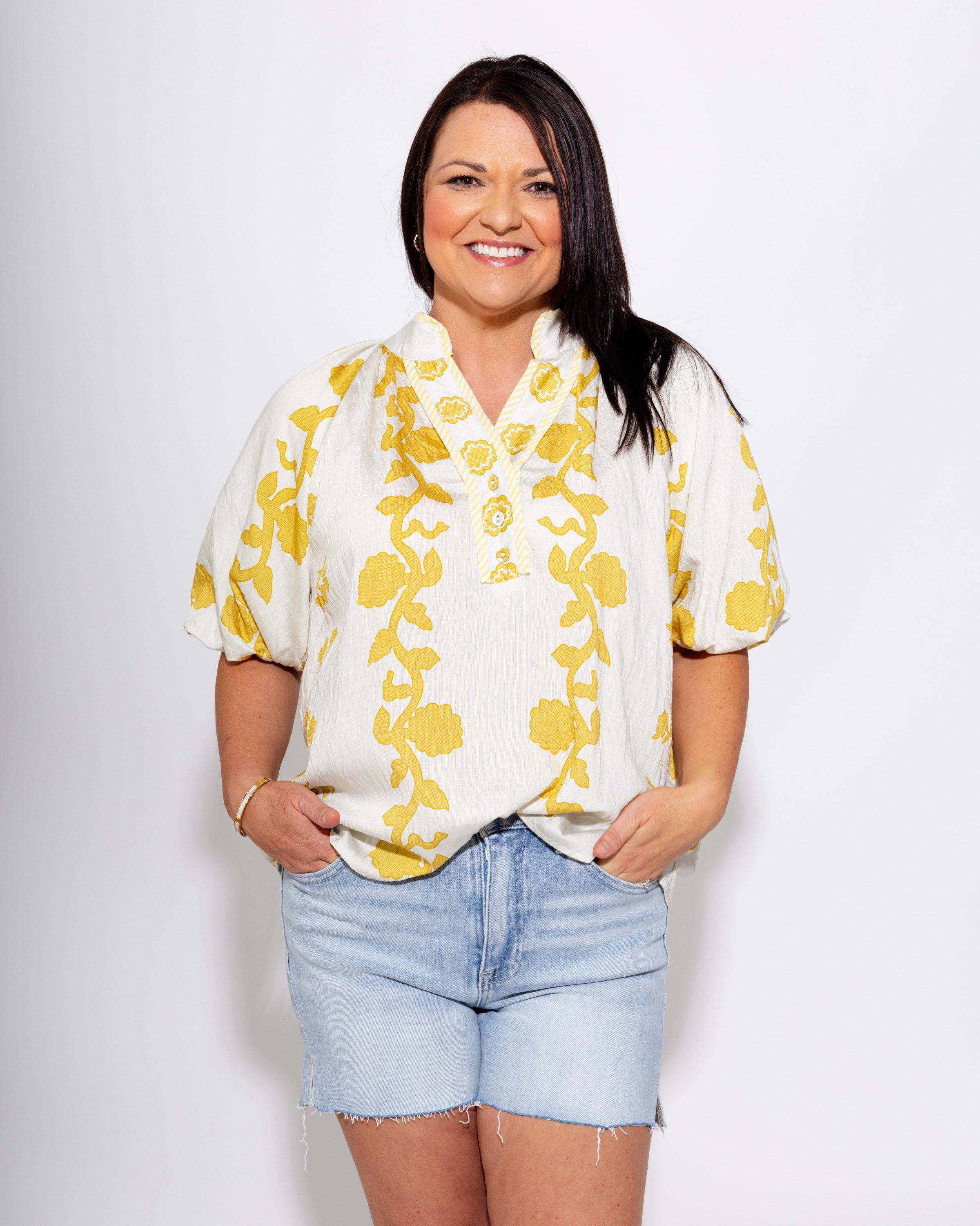 Collared Floral Puff Sleeve Top in Mustard