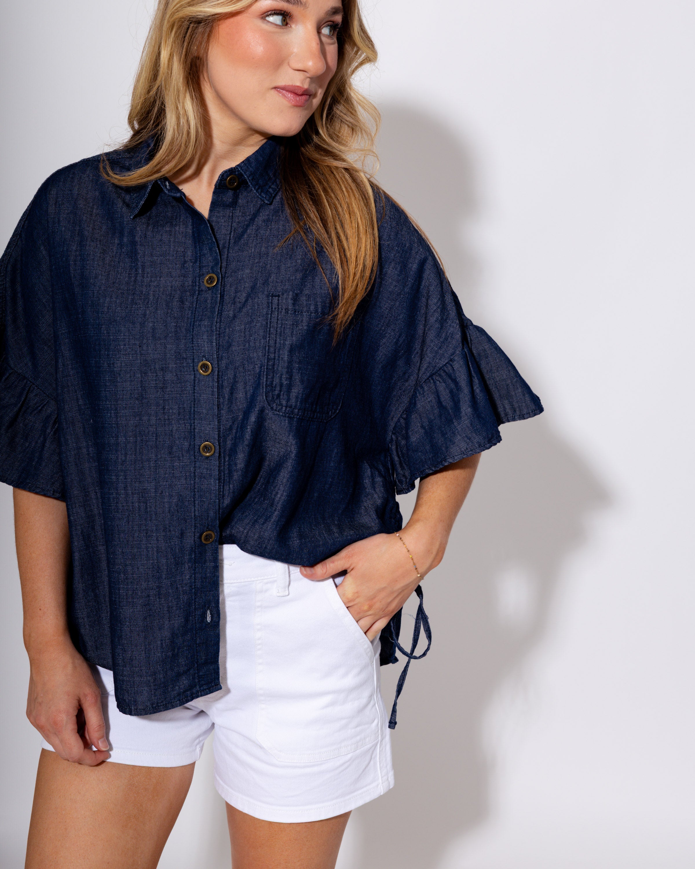 Washed Denim Button Up Top
