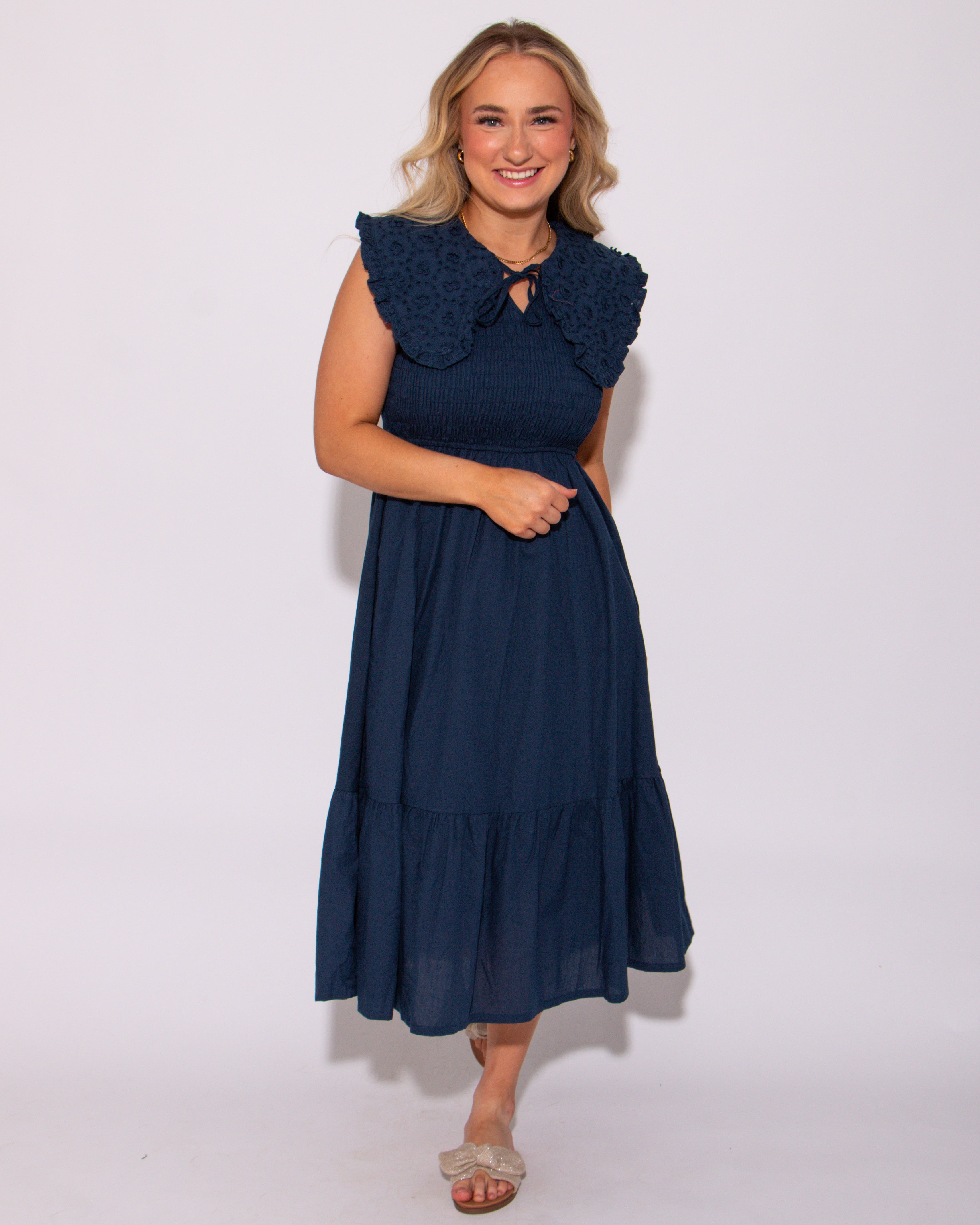 Navy Lace Embroidered Smocked Midi Dress