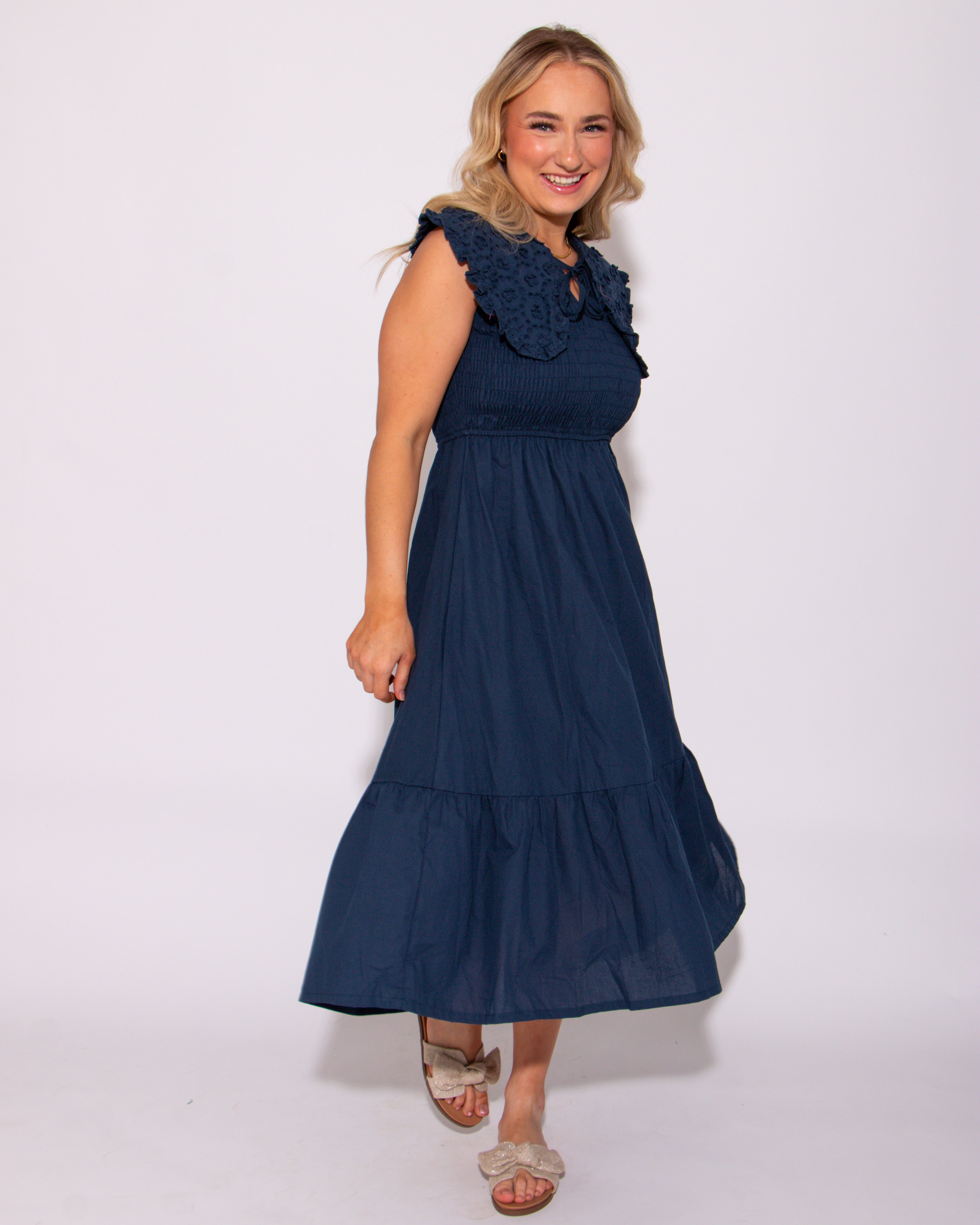 Navy Lace Embroidered Smocked Midi Dress