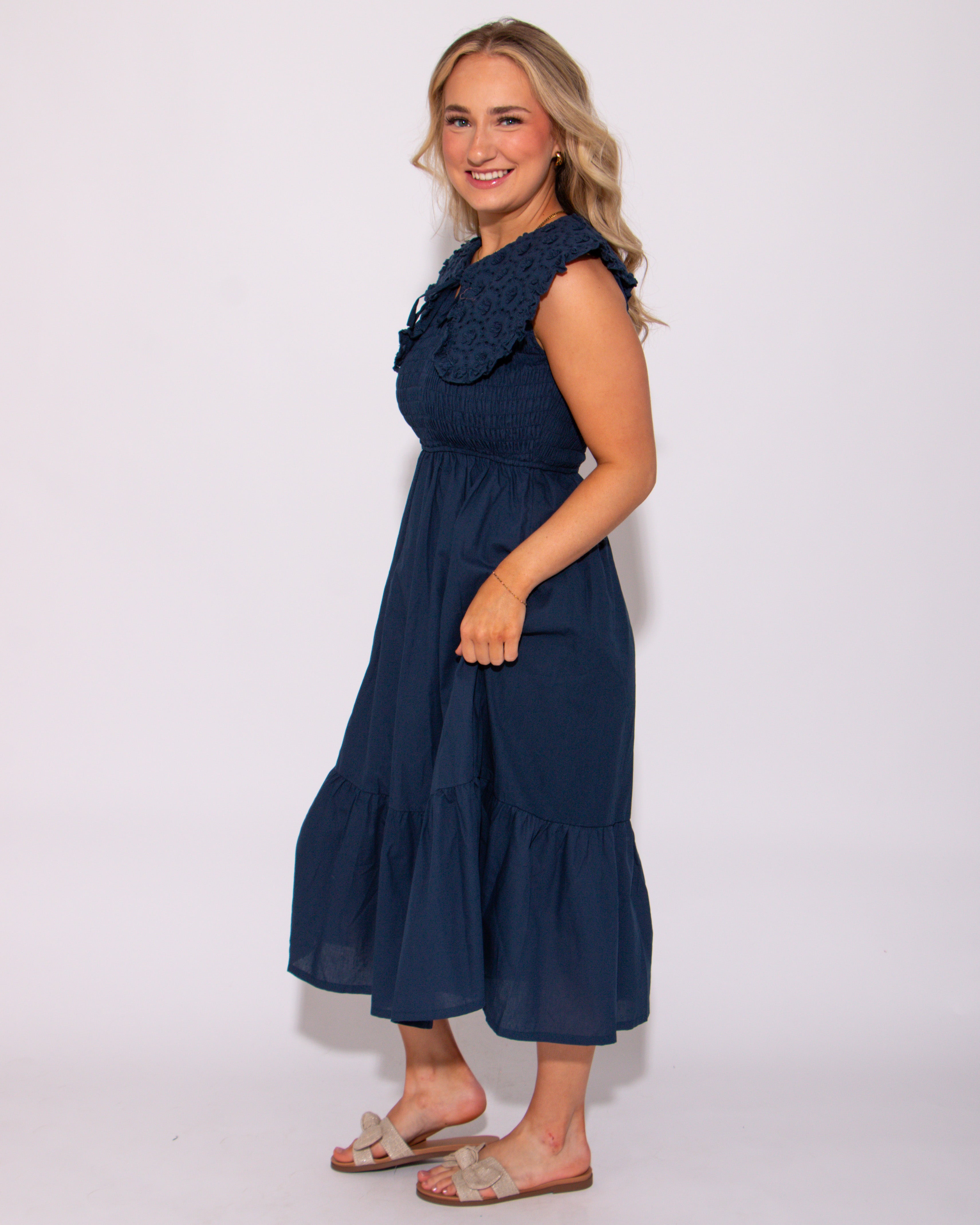 Navy Lace Embroidered Smocked Midi Dress
