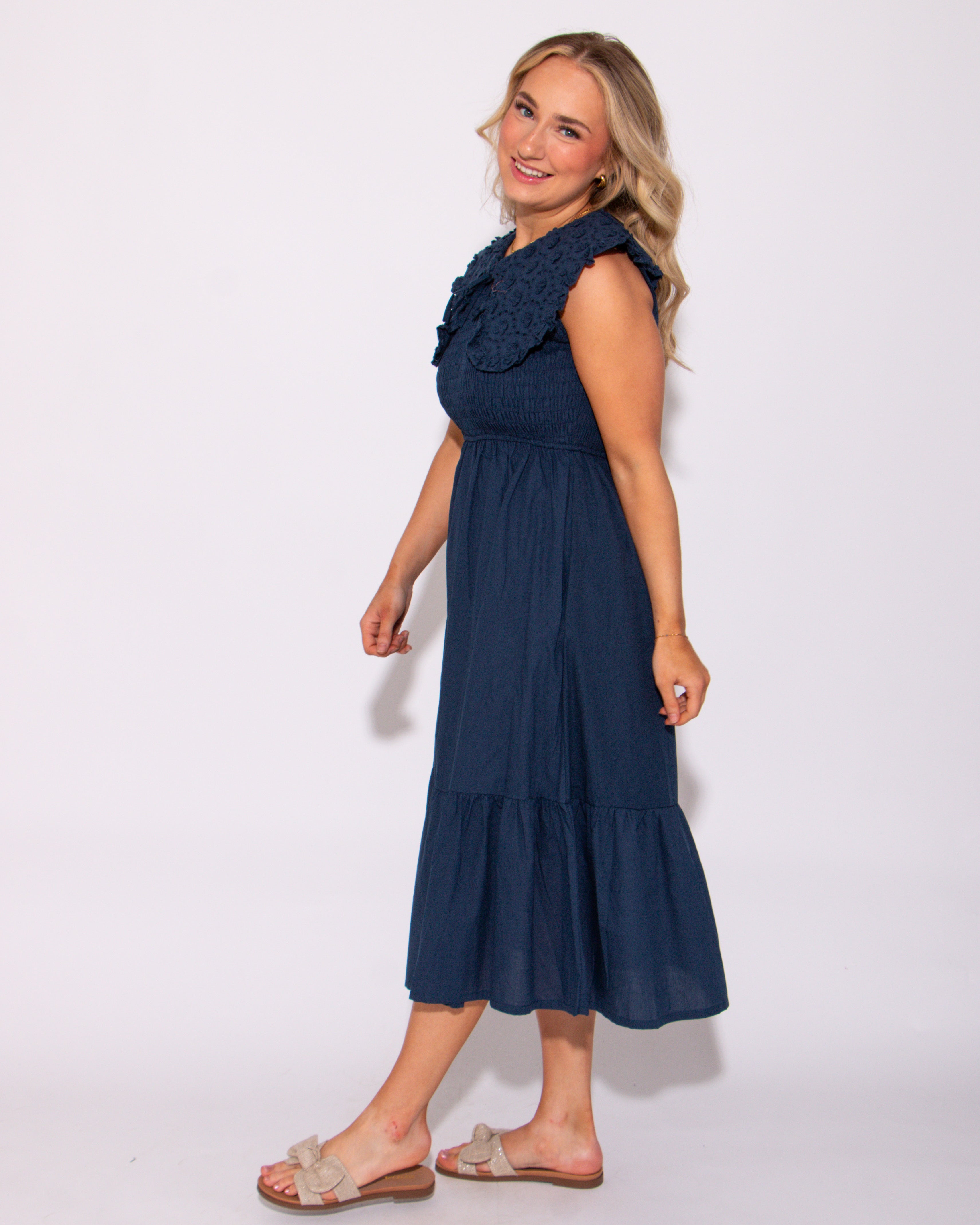 Navy Lace Embroidered Smocked Midi Dress