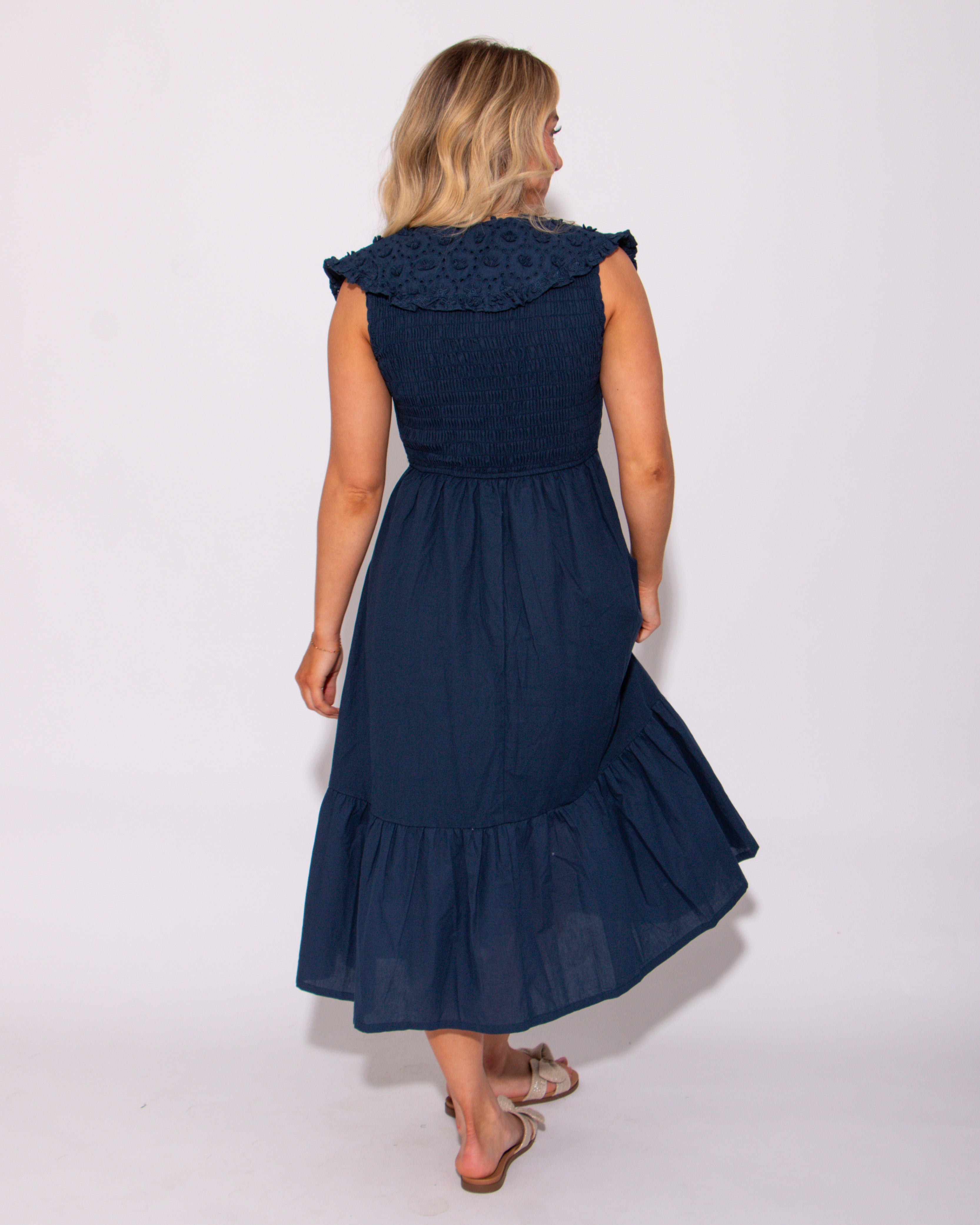 Navy Lace Embroidered Smocked Midi Dress