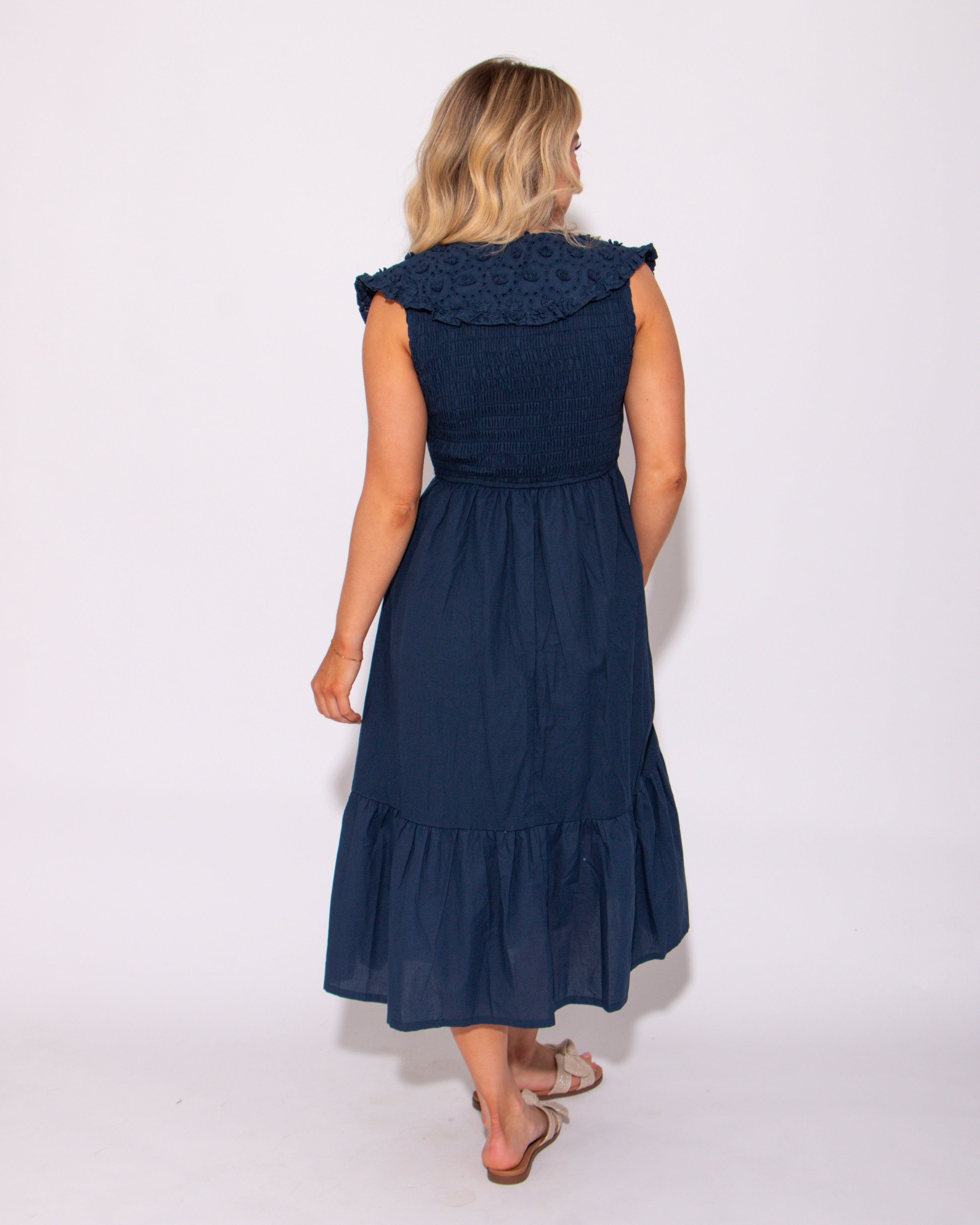 Navy Lace Embroidered Smocked Midi Dress