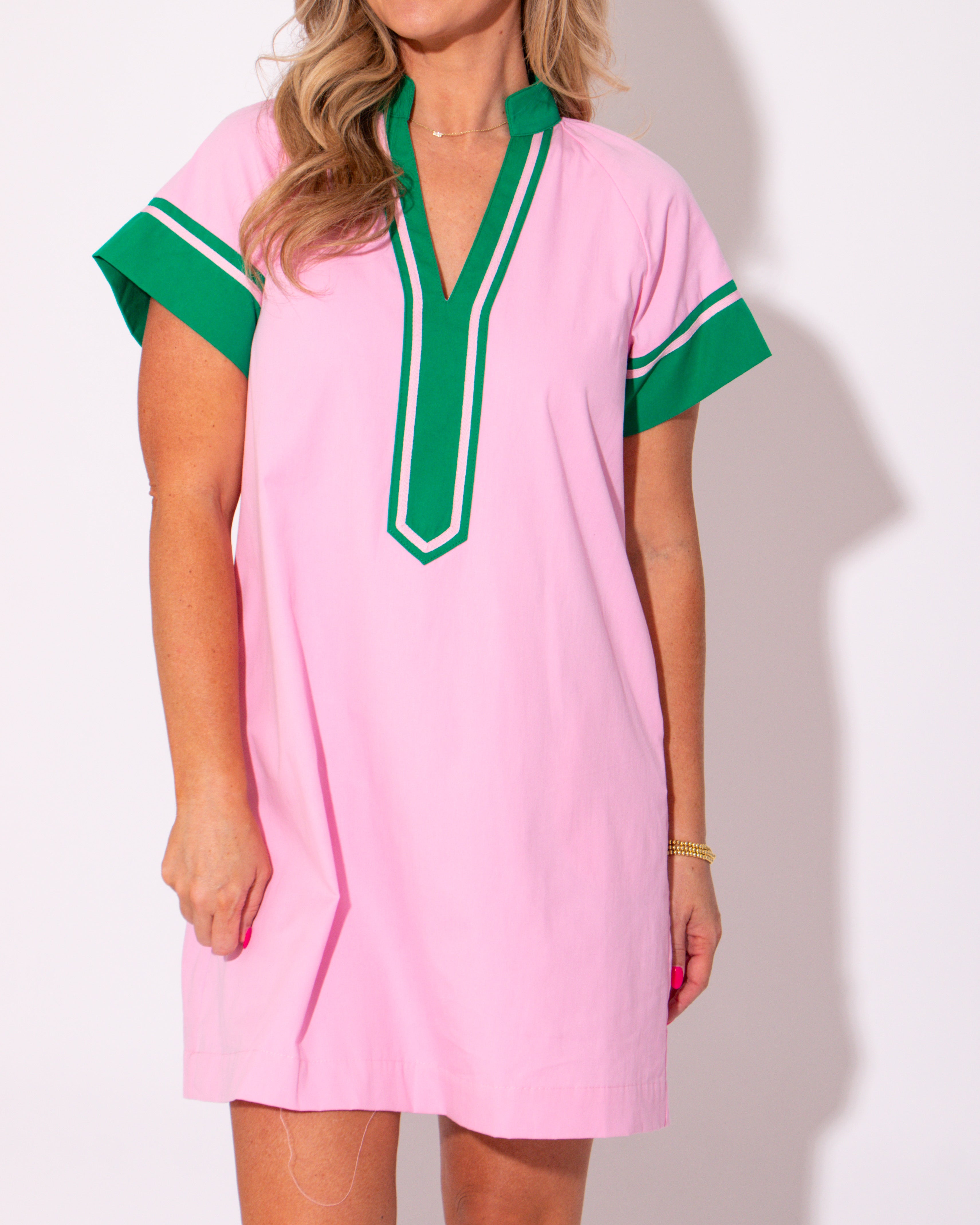 Pink and Green Striped Contrast Mini Dress