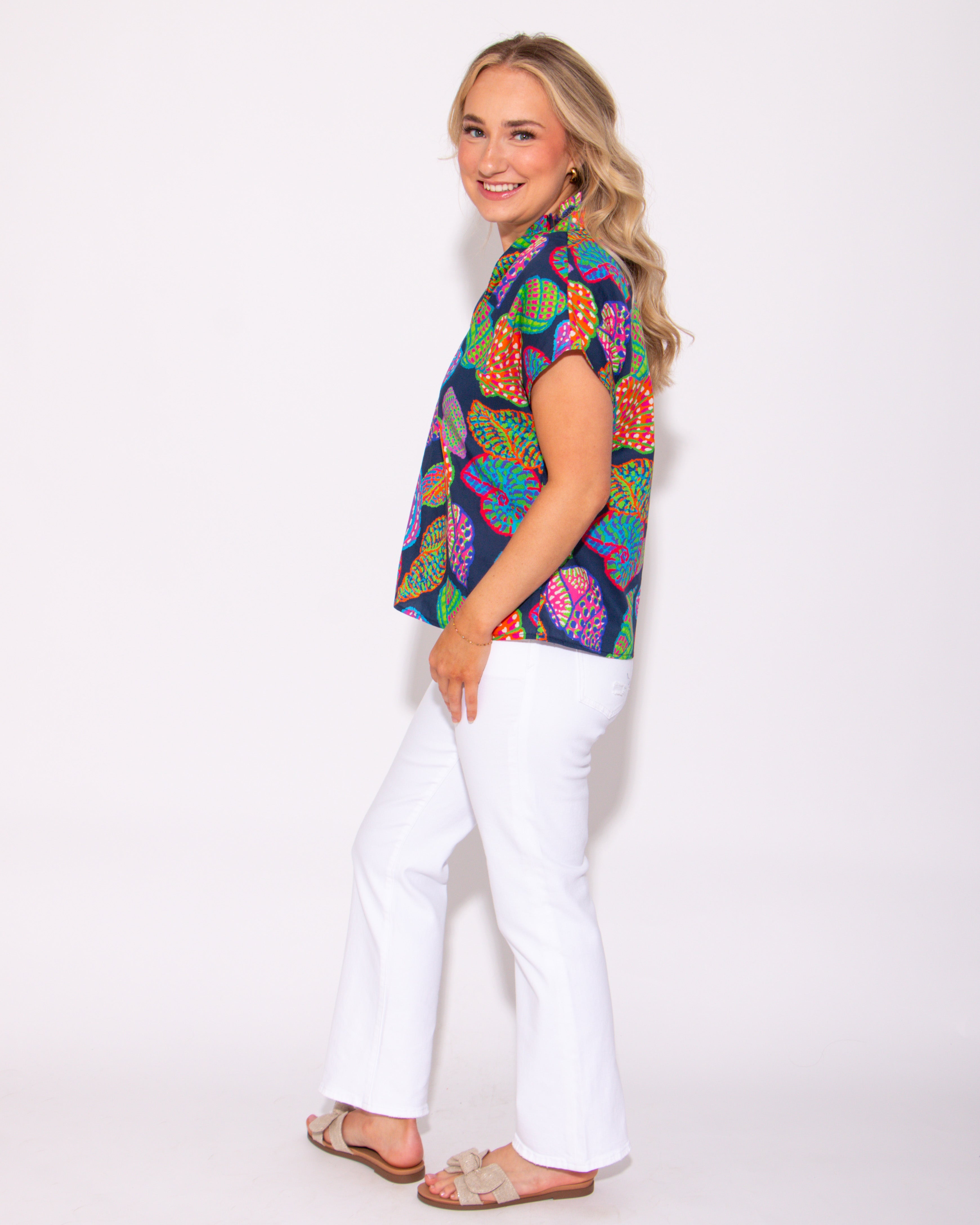 Coastal Charm Split Ruffle High Neck Top