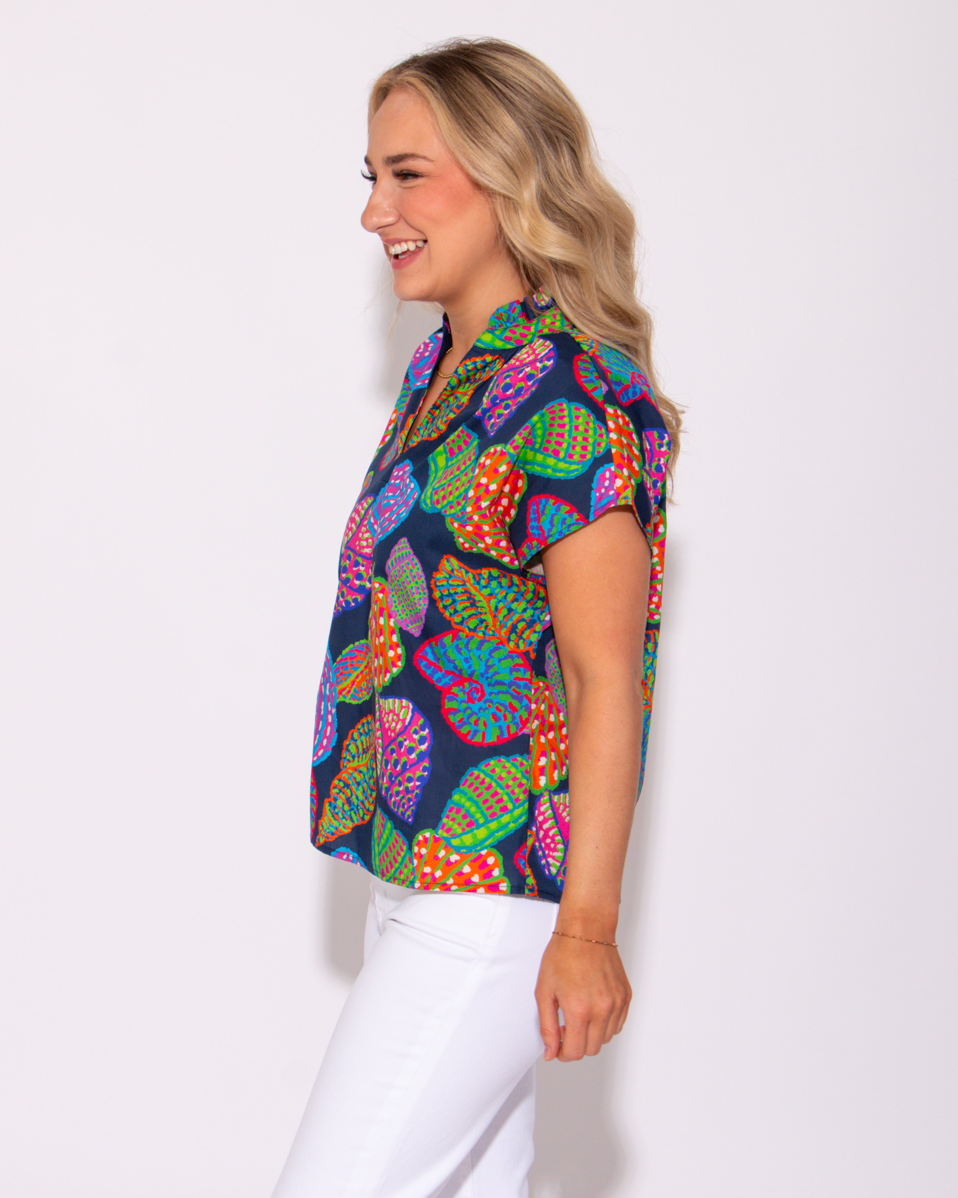 Coastal Charm Split Ruffle High Neck Top
