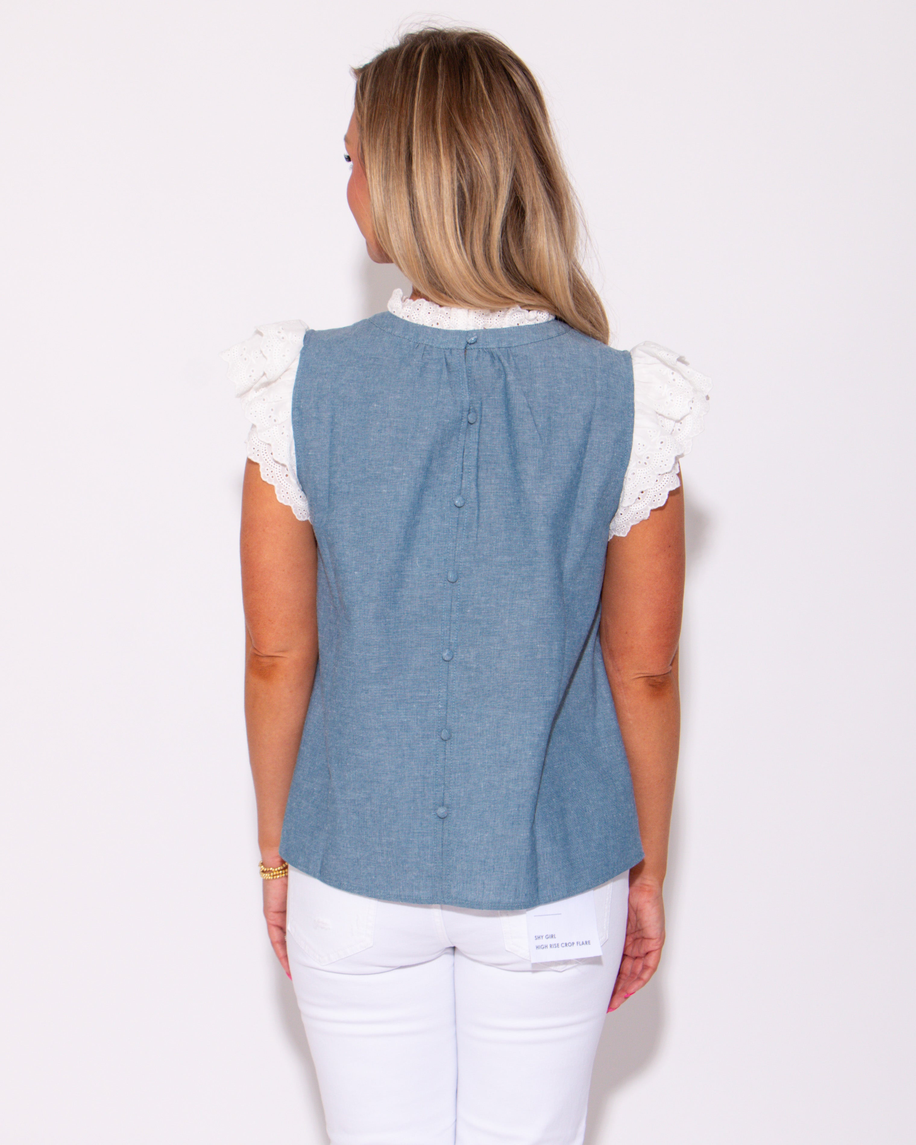 Blue Lace Flutter Sleeve Top