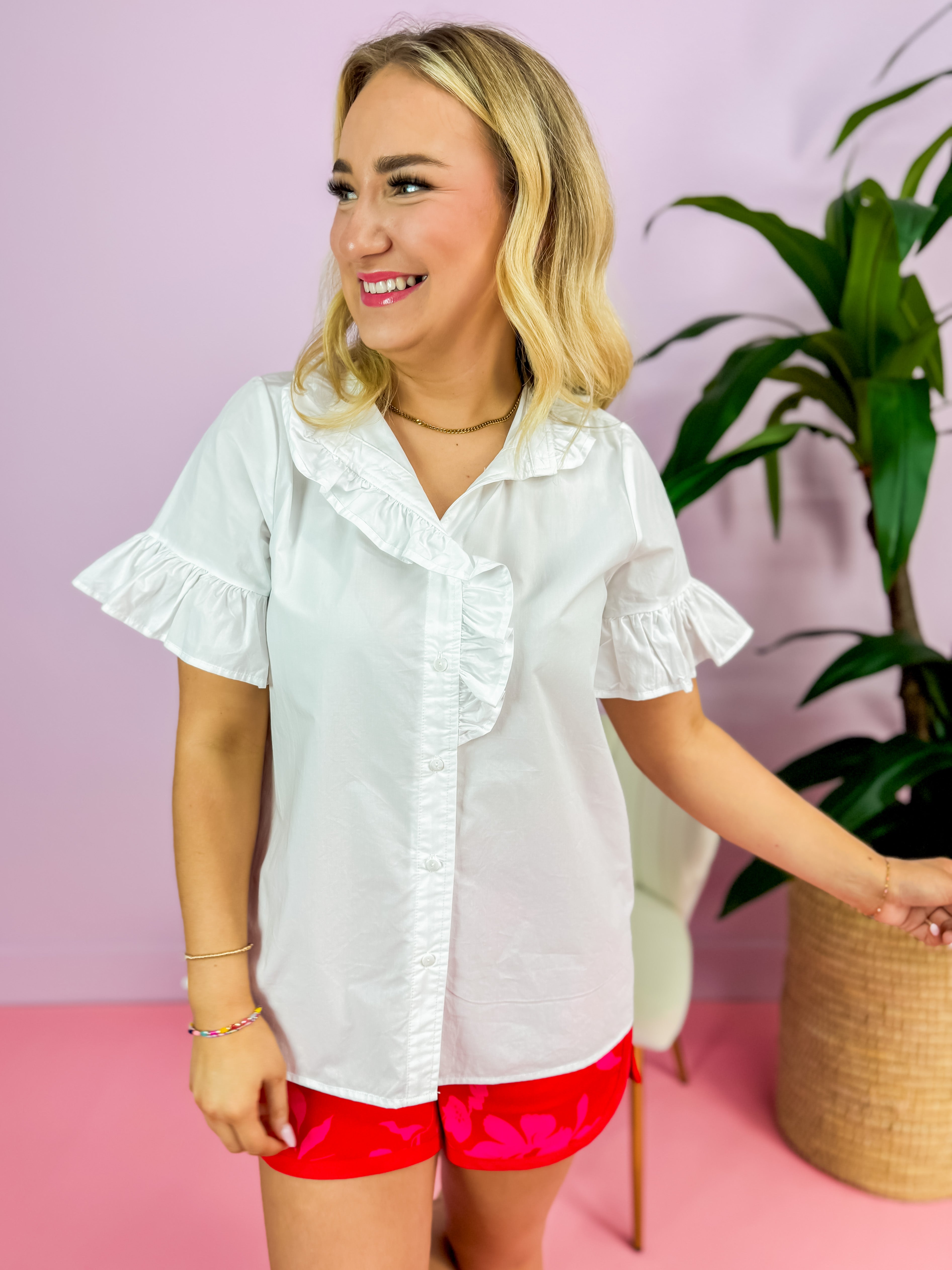 Ruffled Button Down Short Sleeve Top