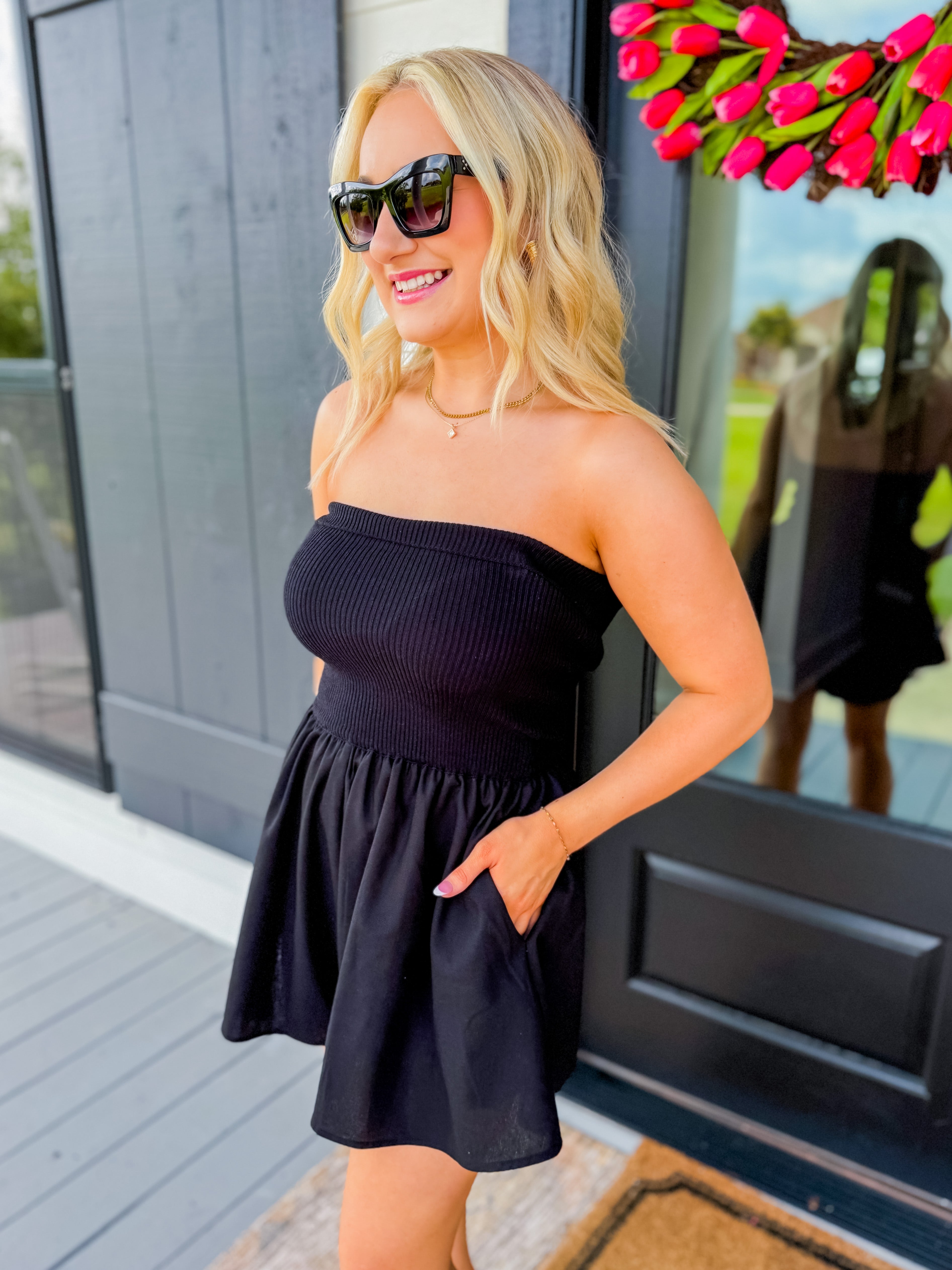 Linen Knit Tube Fold Over Romper in Black