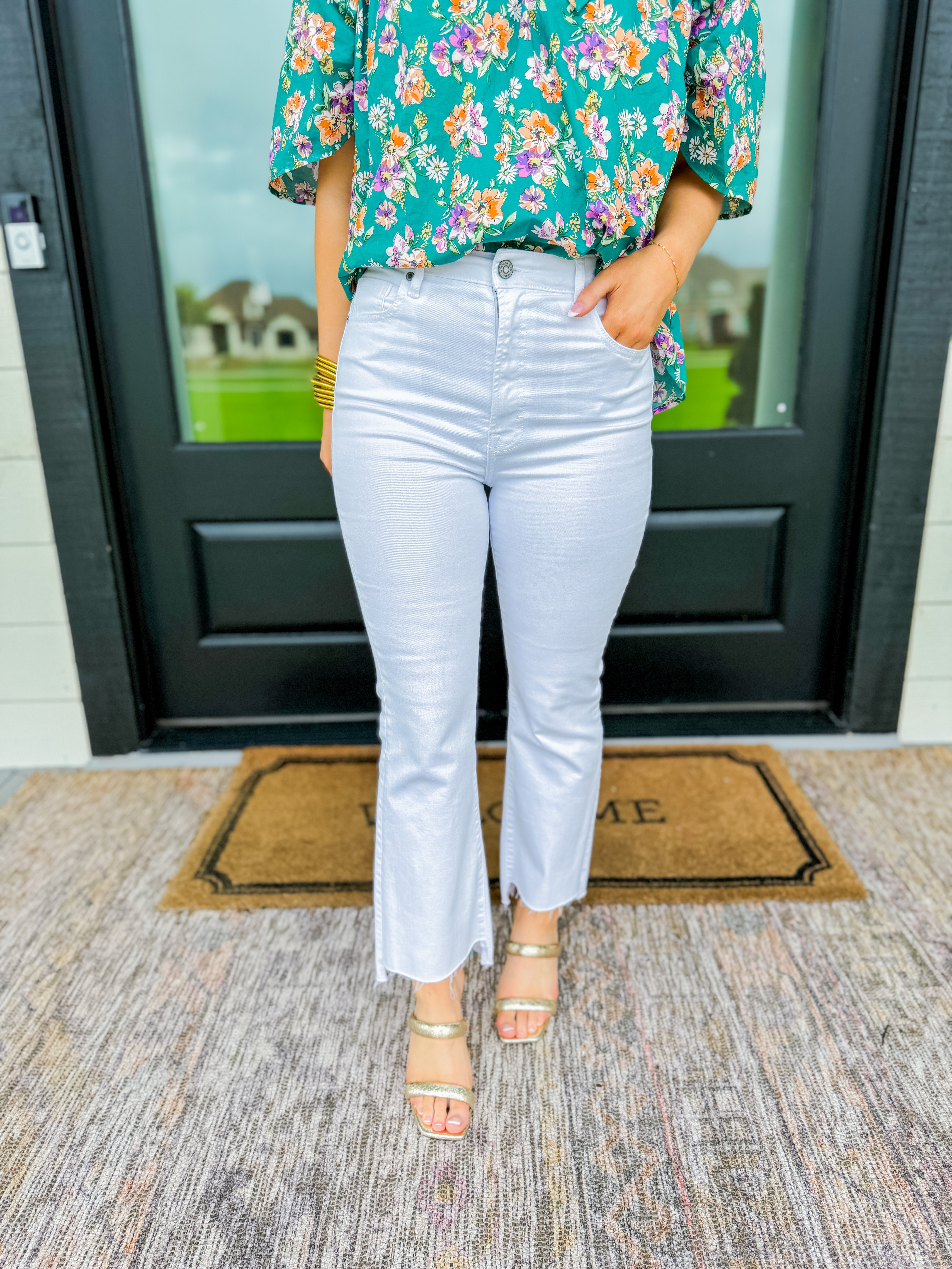 Happi High Rise Crop Flare with Step Hem in White