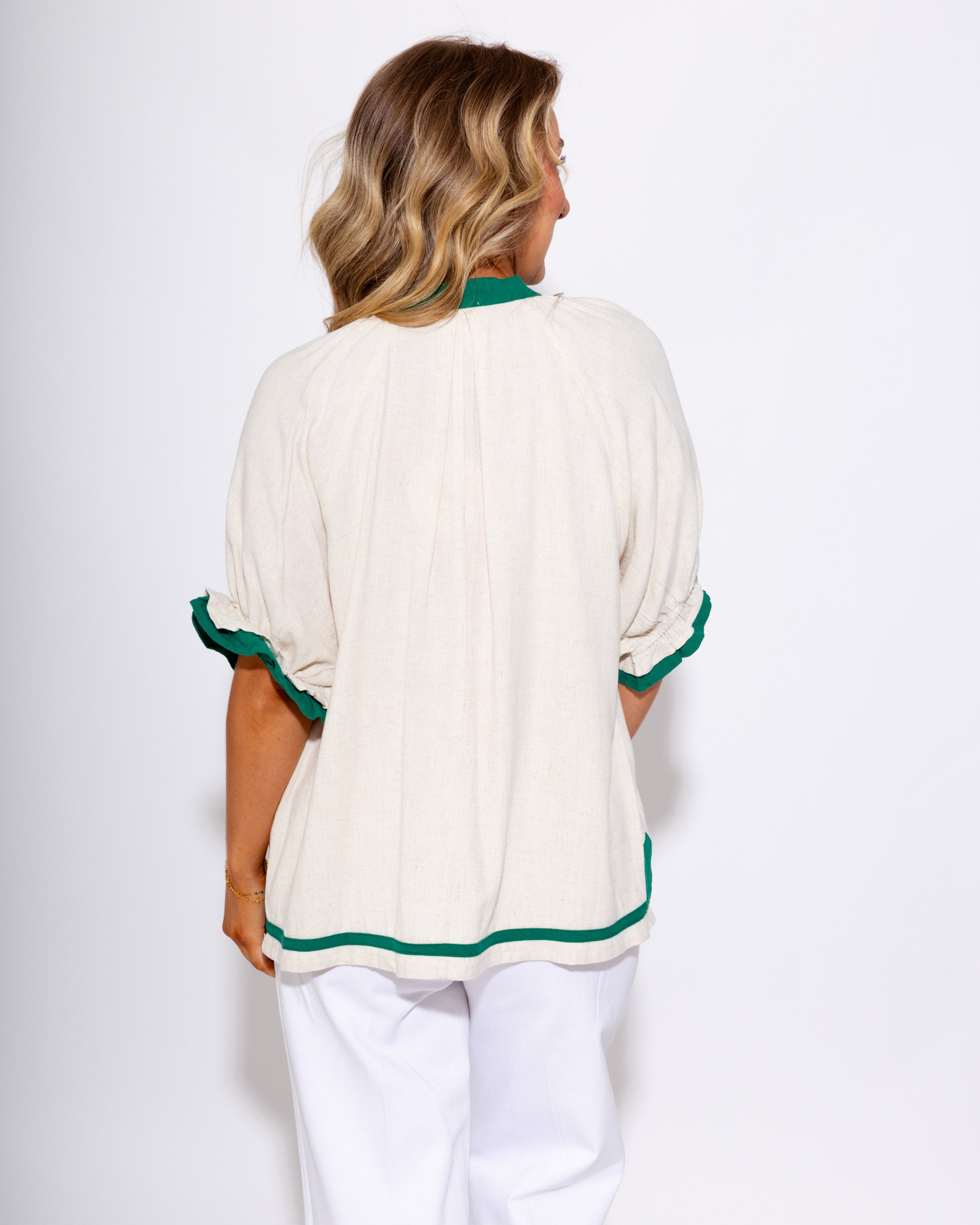 Linen Top with Contrast Trim in Oatmeal