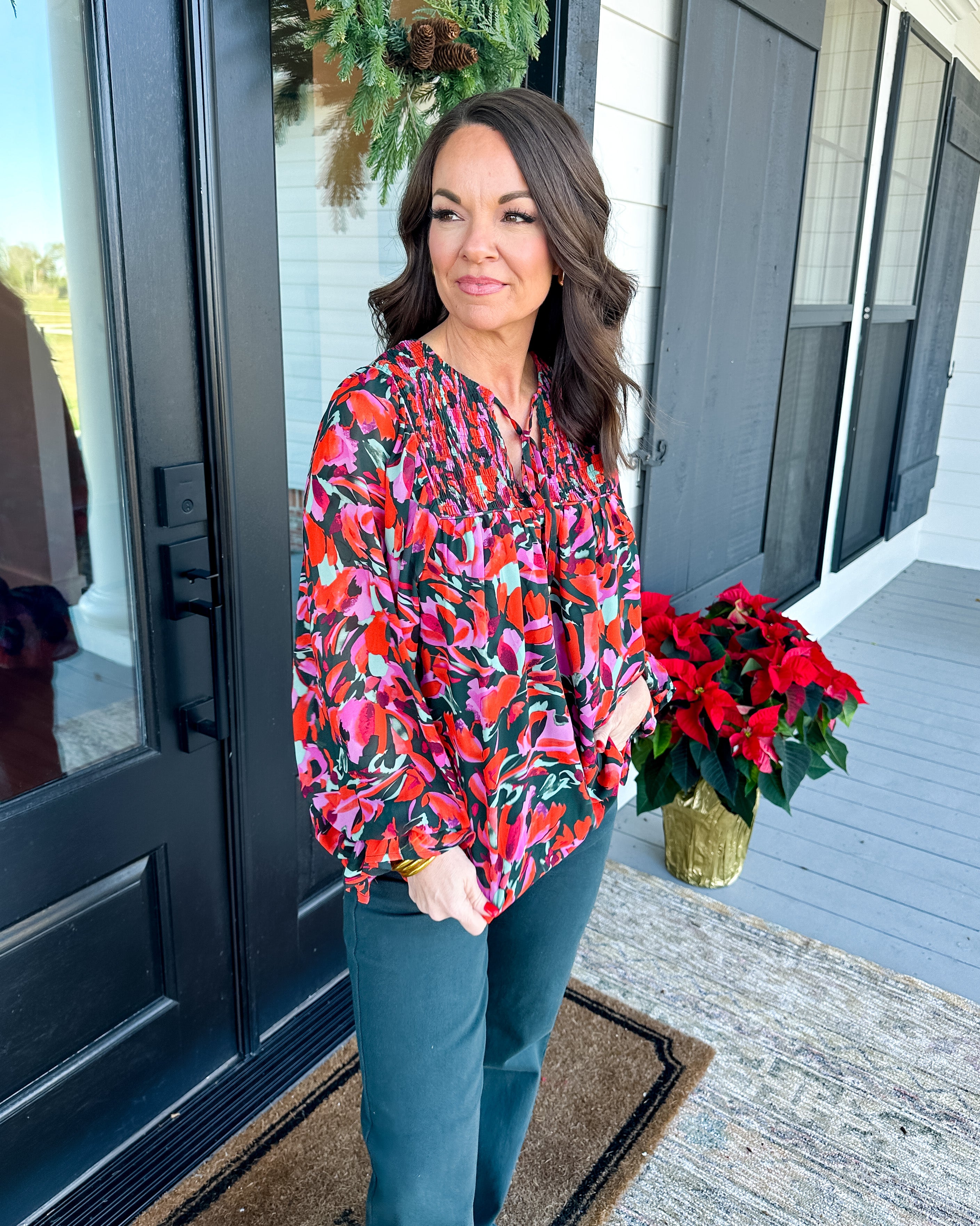 Smocked Abstract Printed Top
