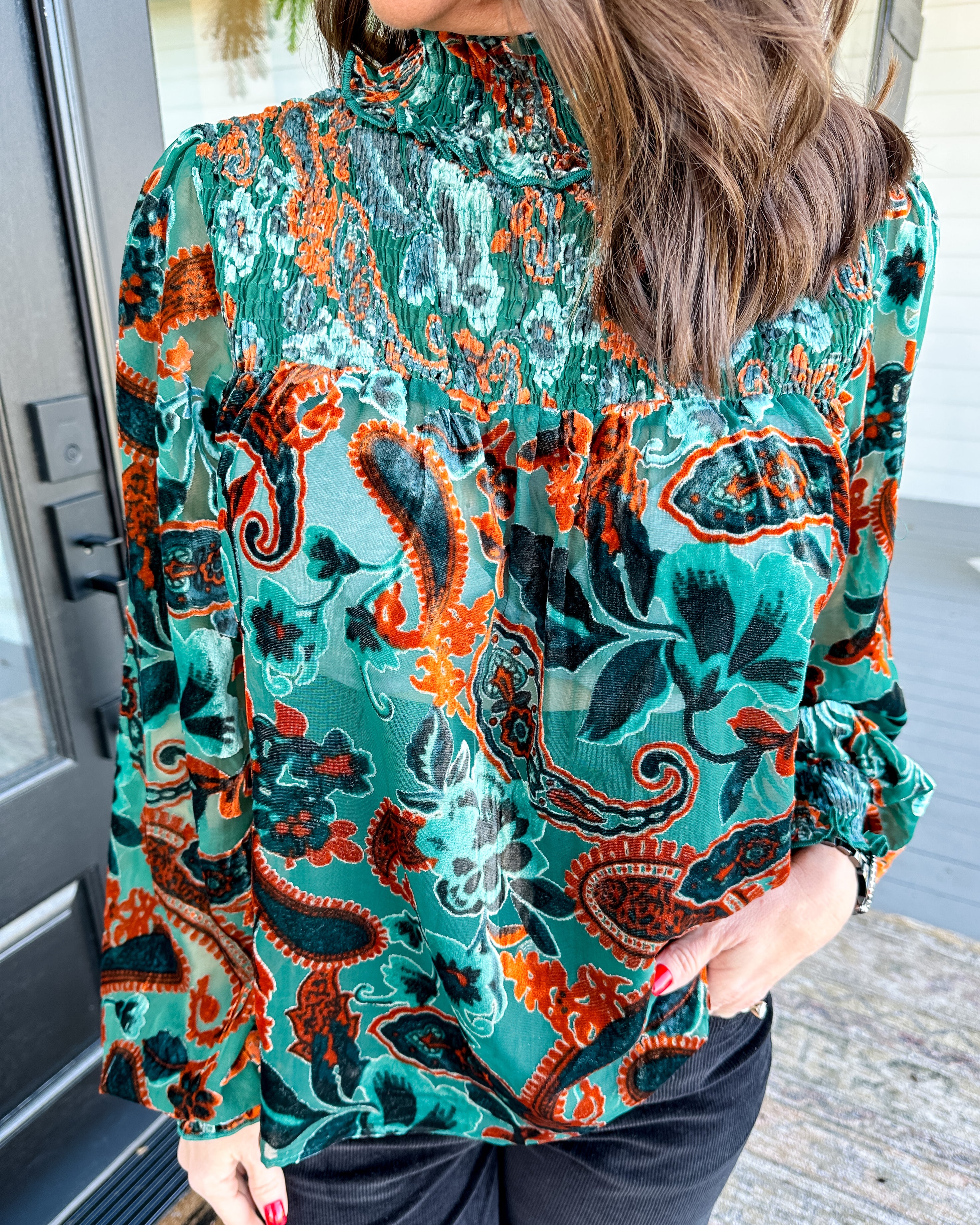 Velvet Detail Long Sleeve Top