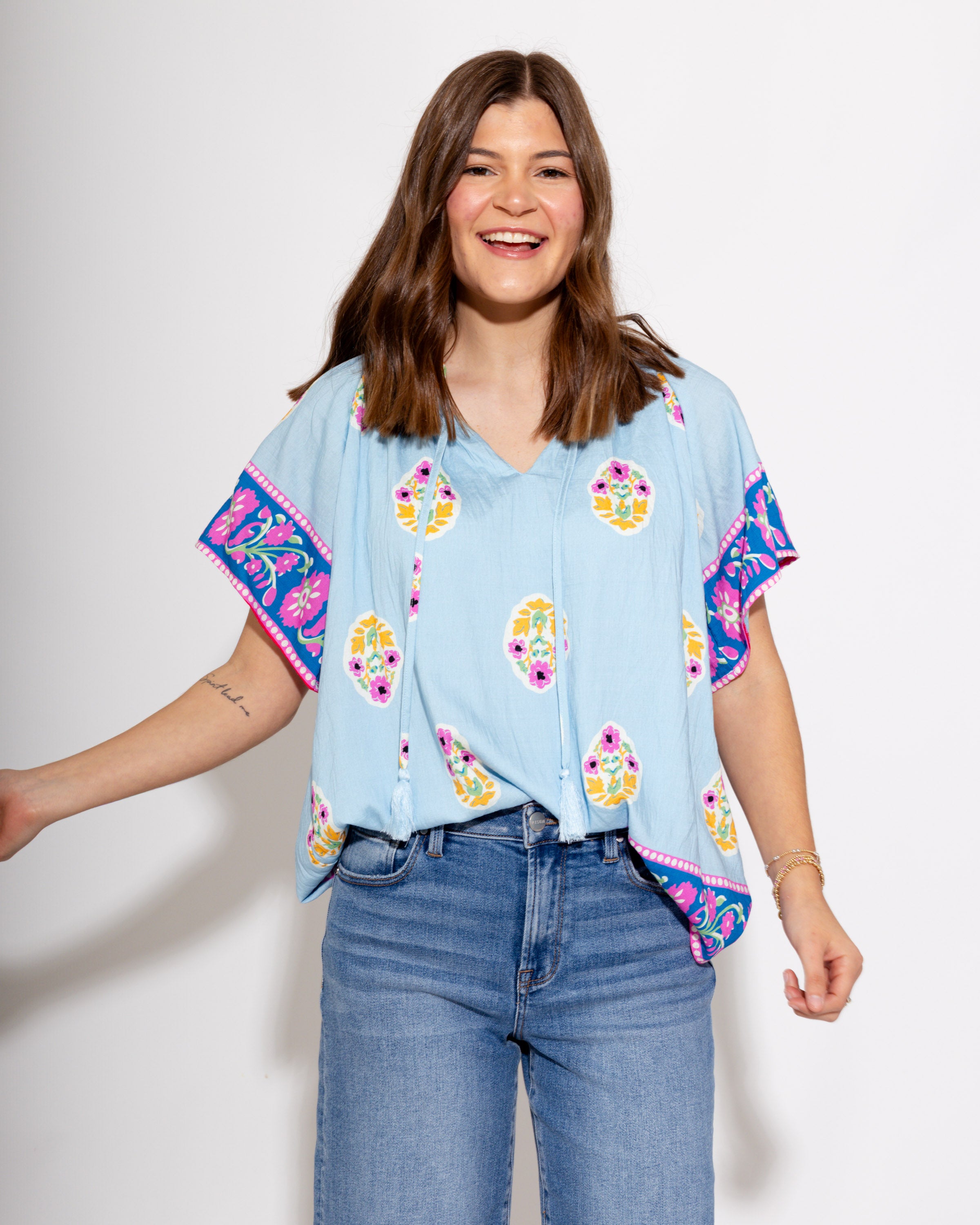 Tassel Trim and Bloom Top in Light Blue