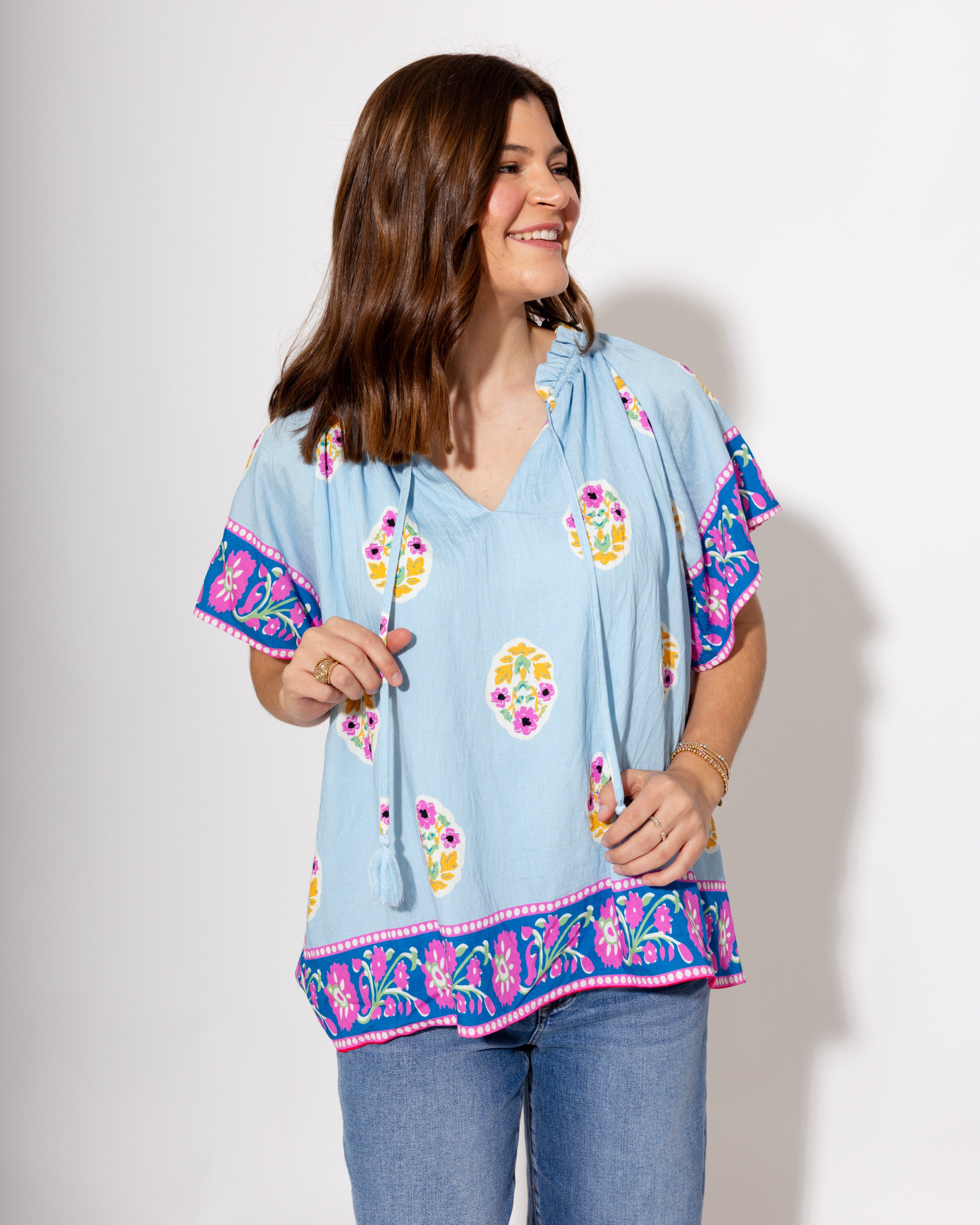 Tassel Trim and Bloom Top in Light Blue