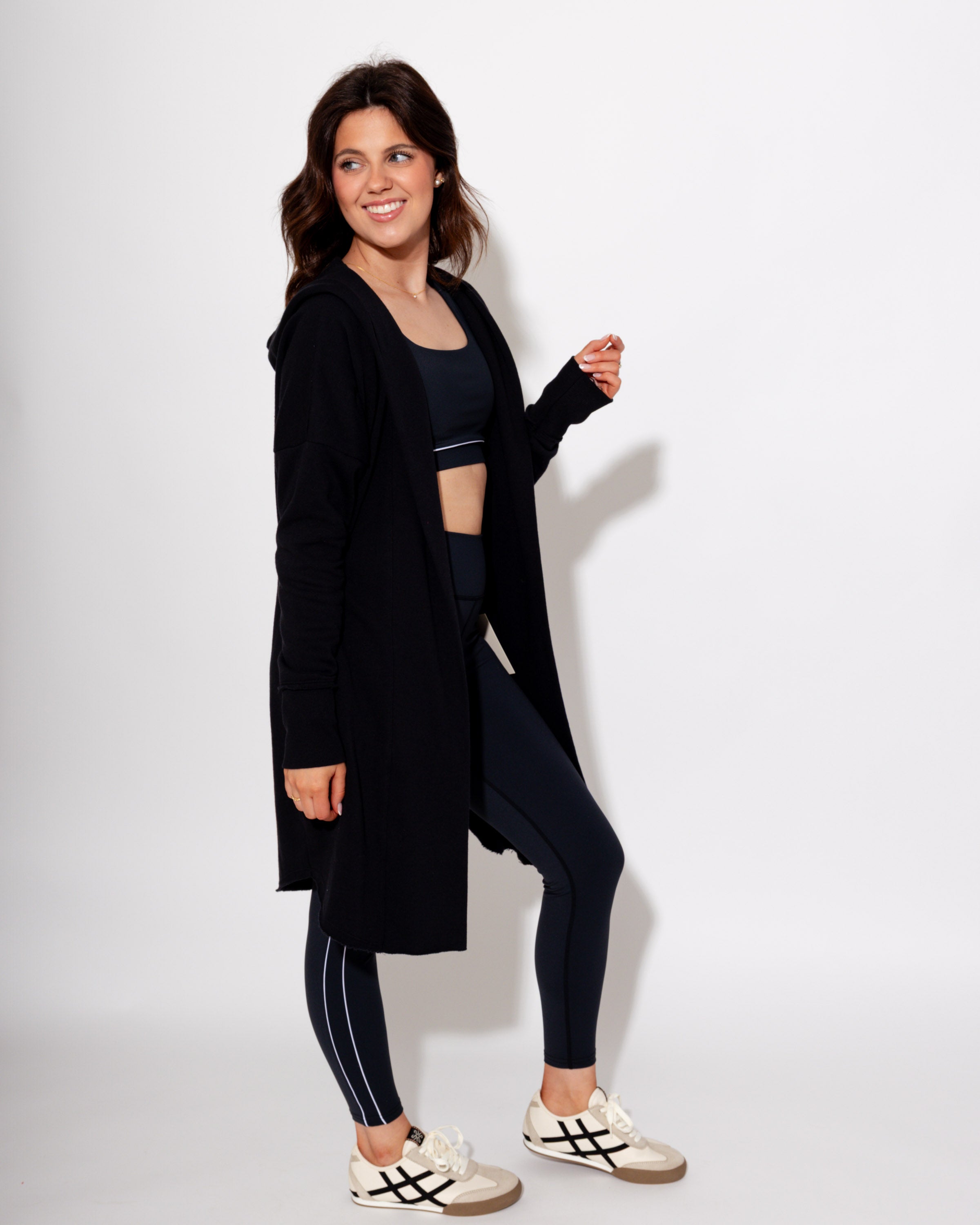 Longline Hoodie Cardigan in Black
