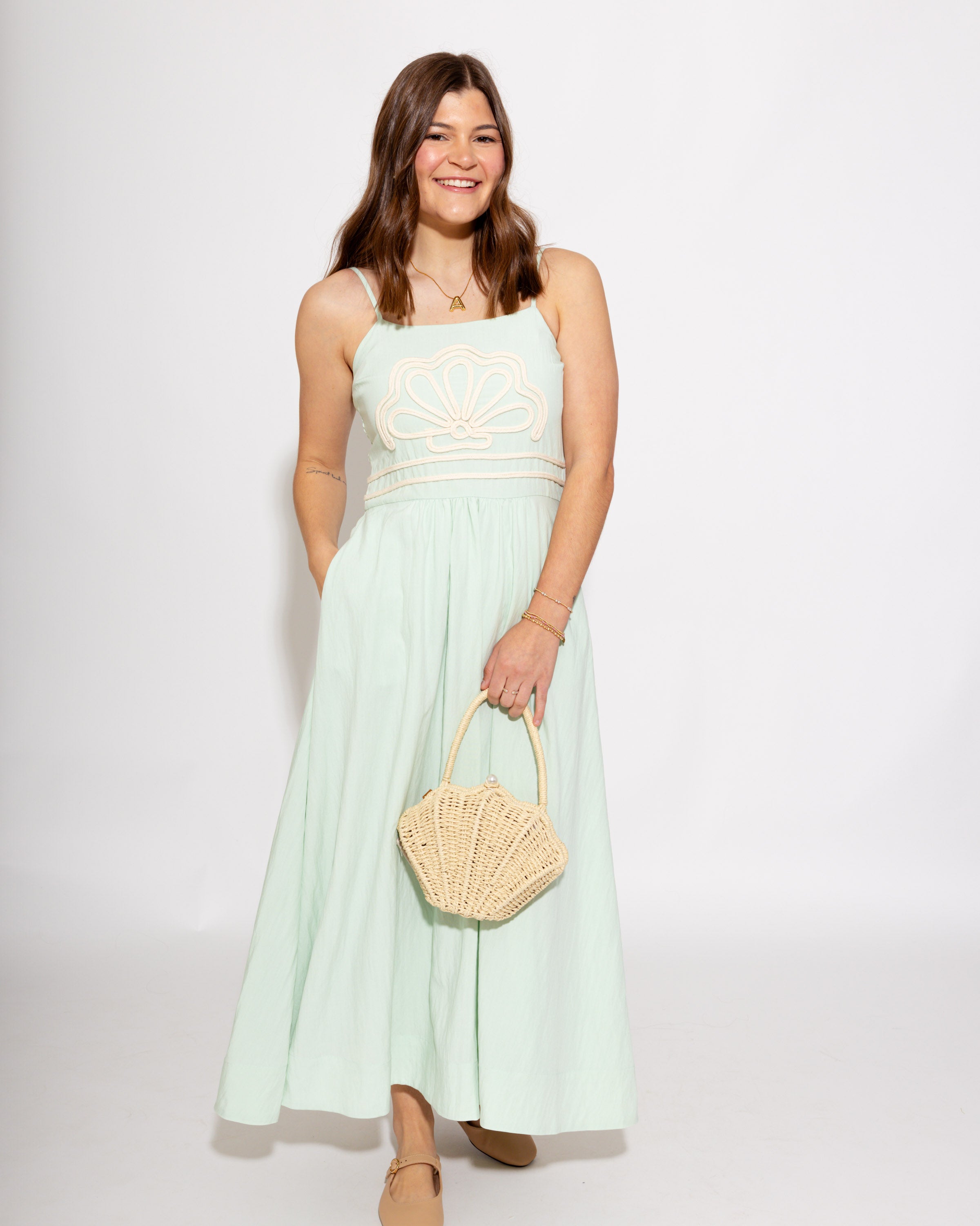Embroidered Shell Smocked Back Midi
