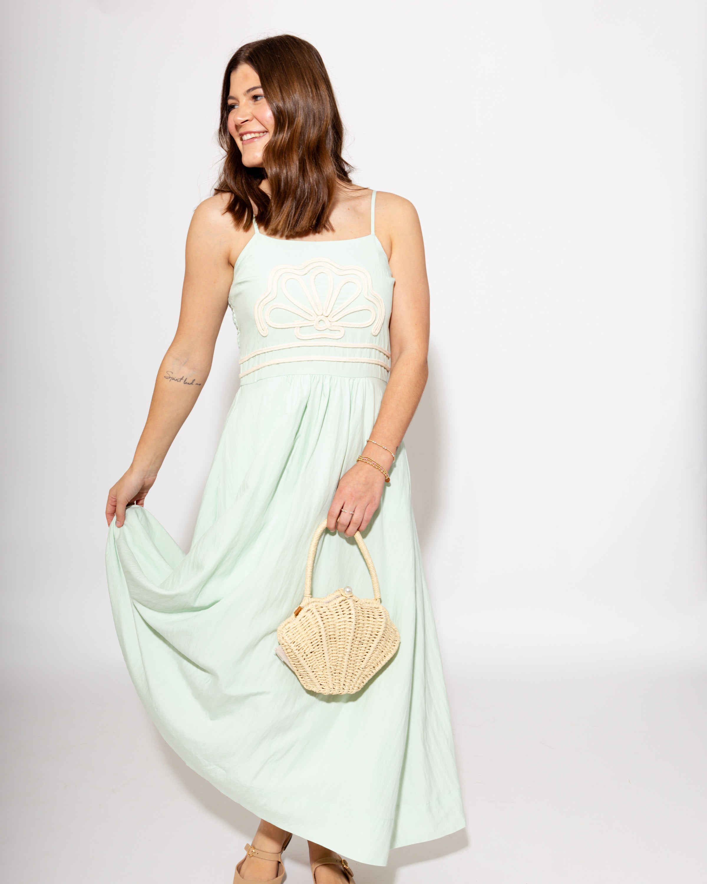 Embroidered Shell Smocked Back Midi