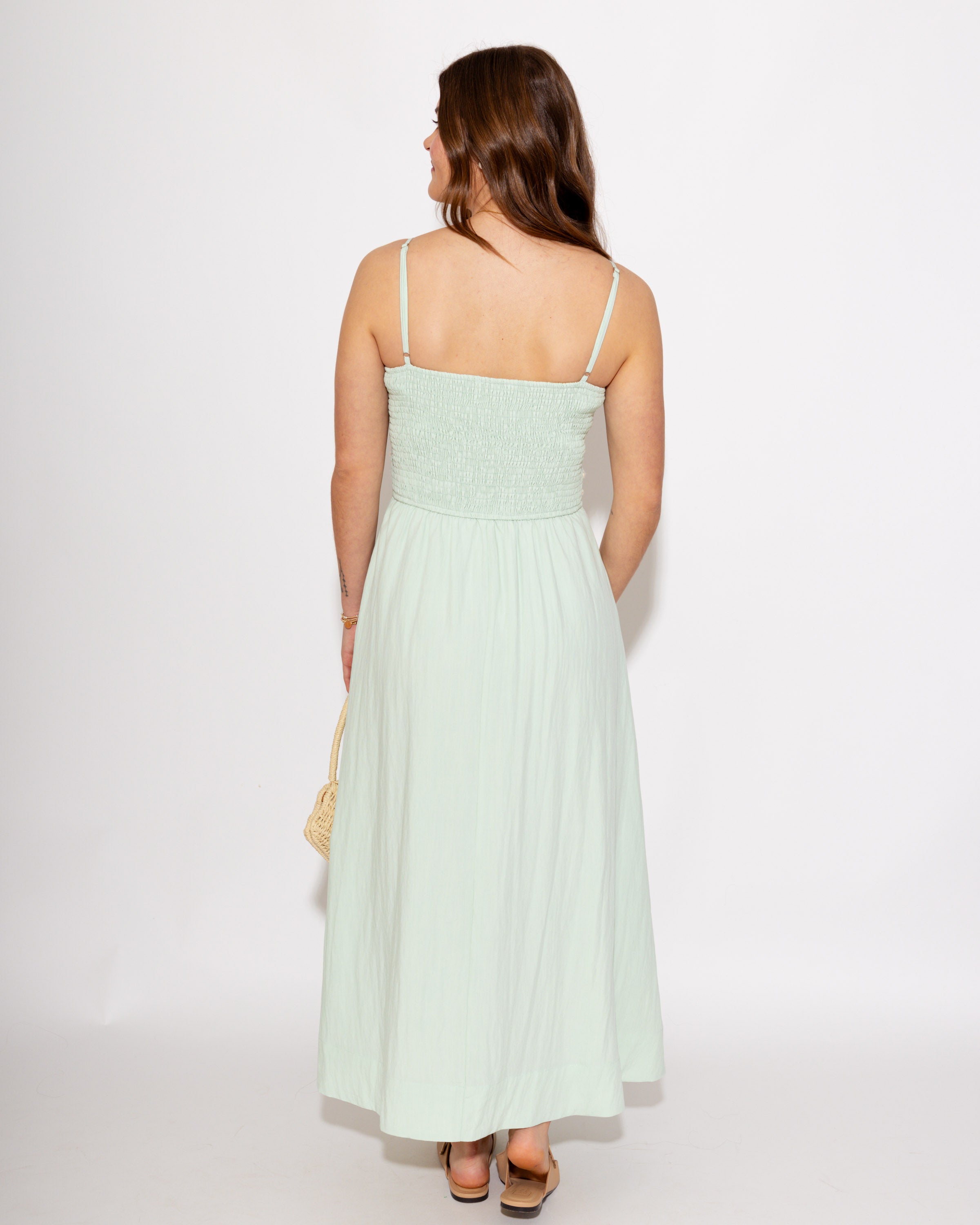 Embroidered Shell Smocked Back Midi