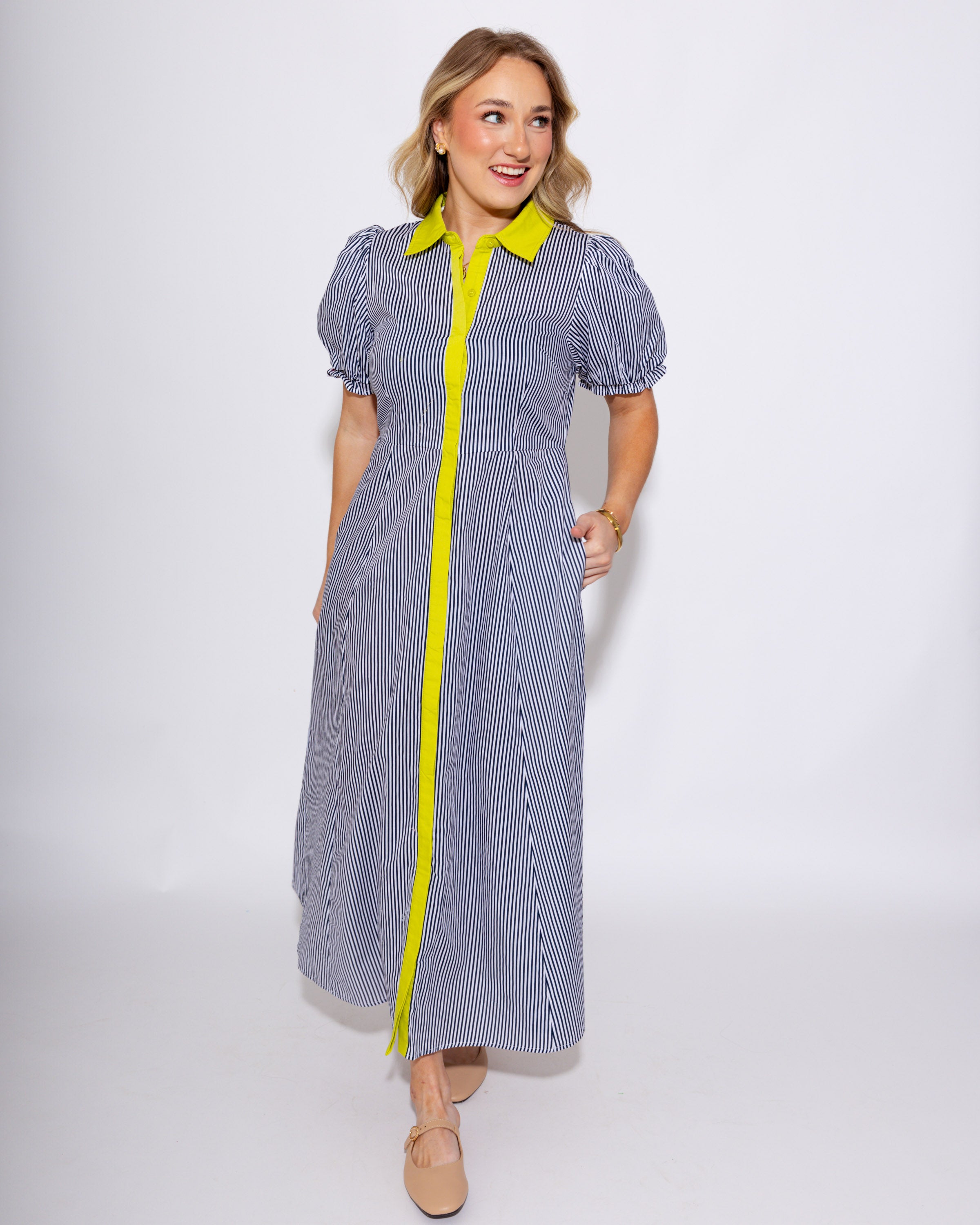 Stripe Puff Sleeve Midi Dress in Navy