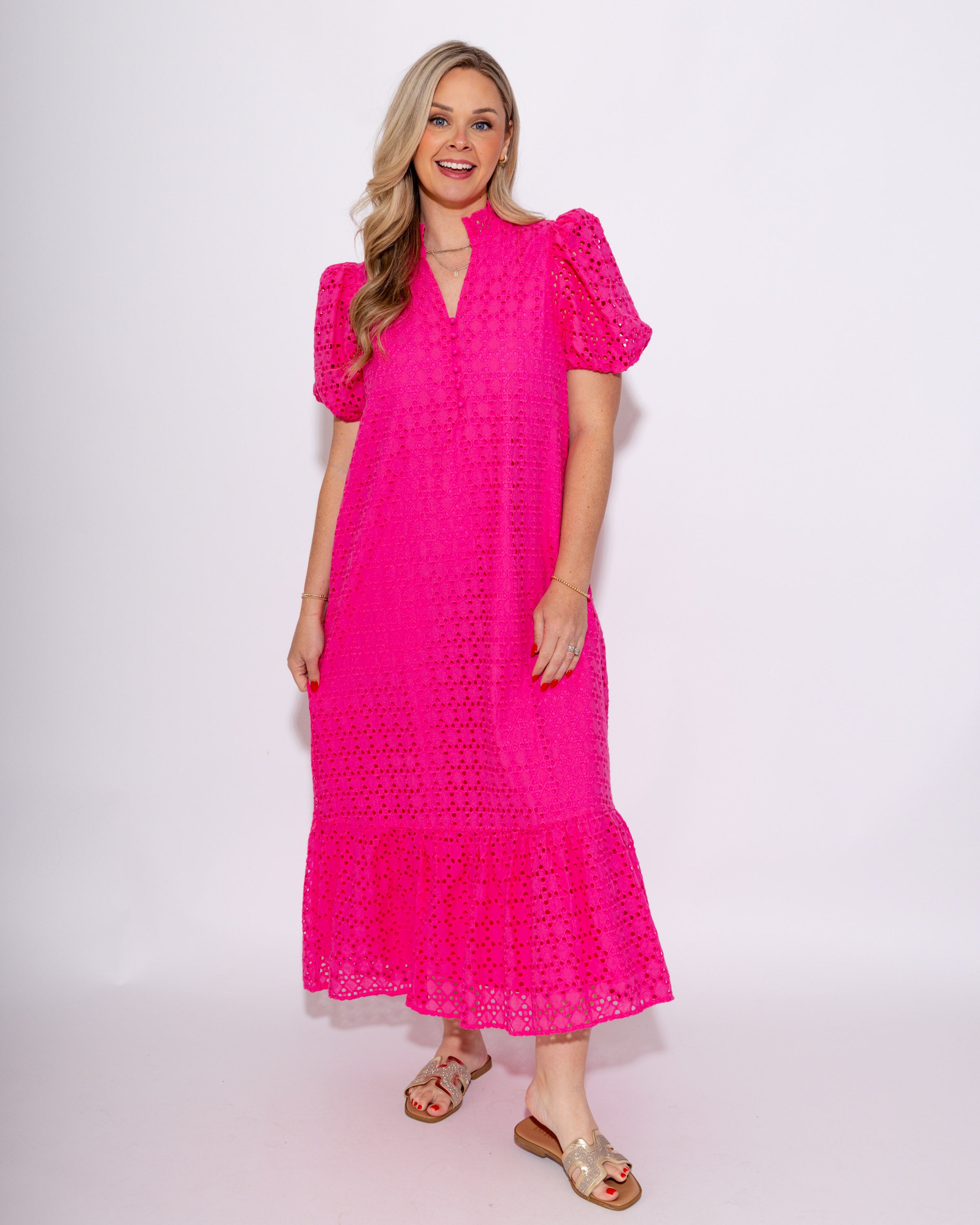 Ruffled Neck Eyelet Midi Dress in Hot Pink