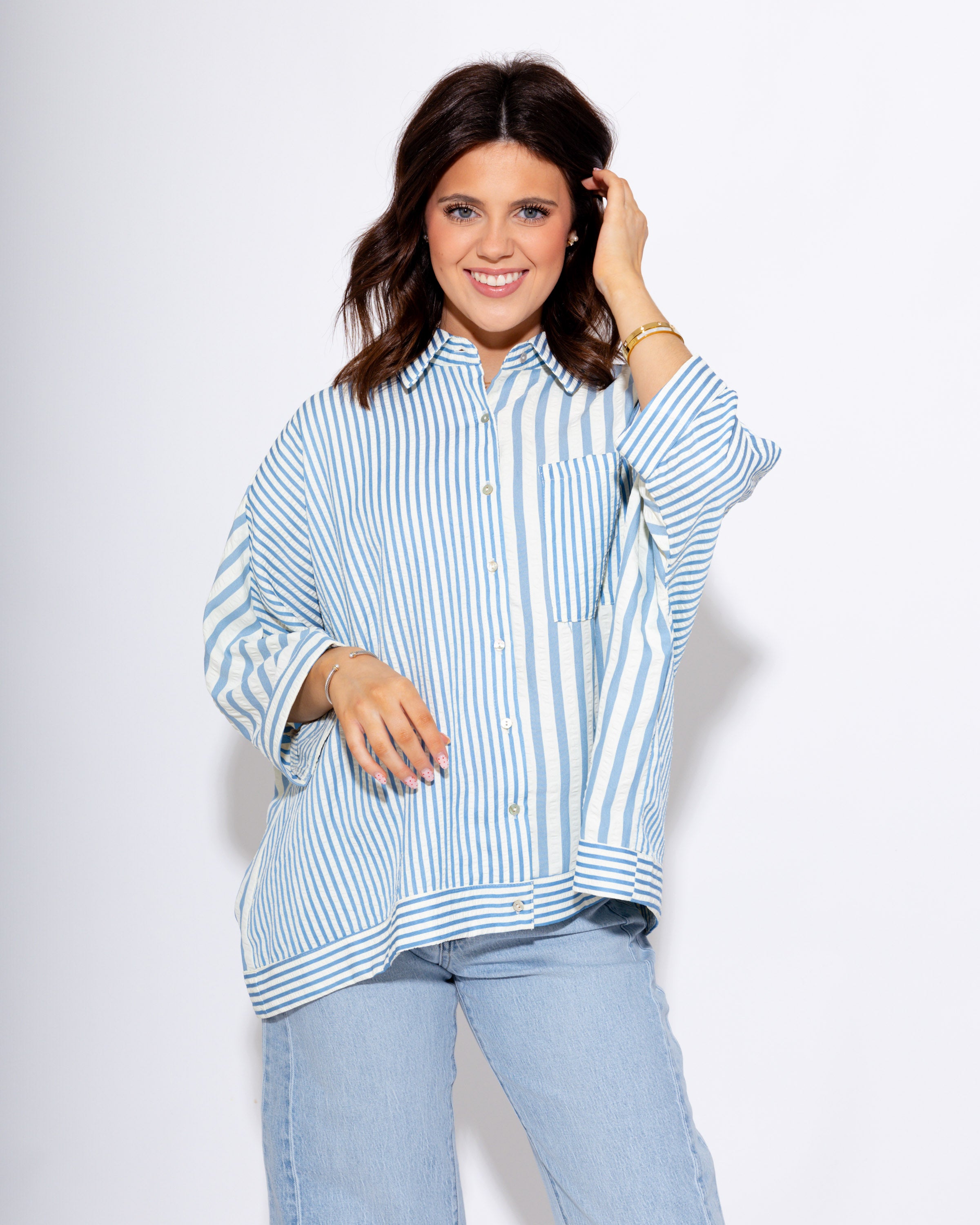 Mixed Stripe Oversized Button Up Top