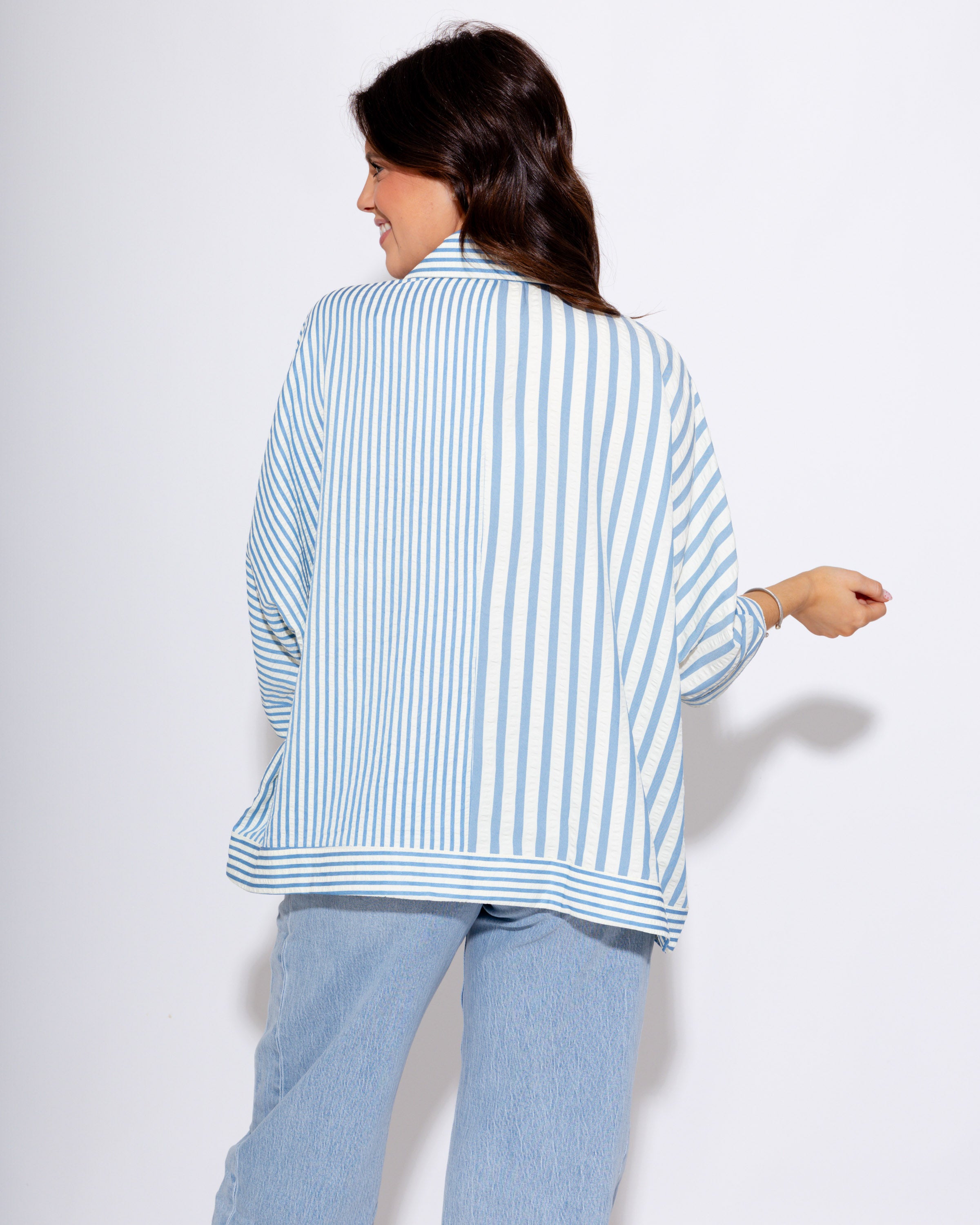 Mixed Stripe Oversized Button Up Top