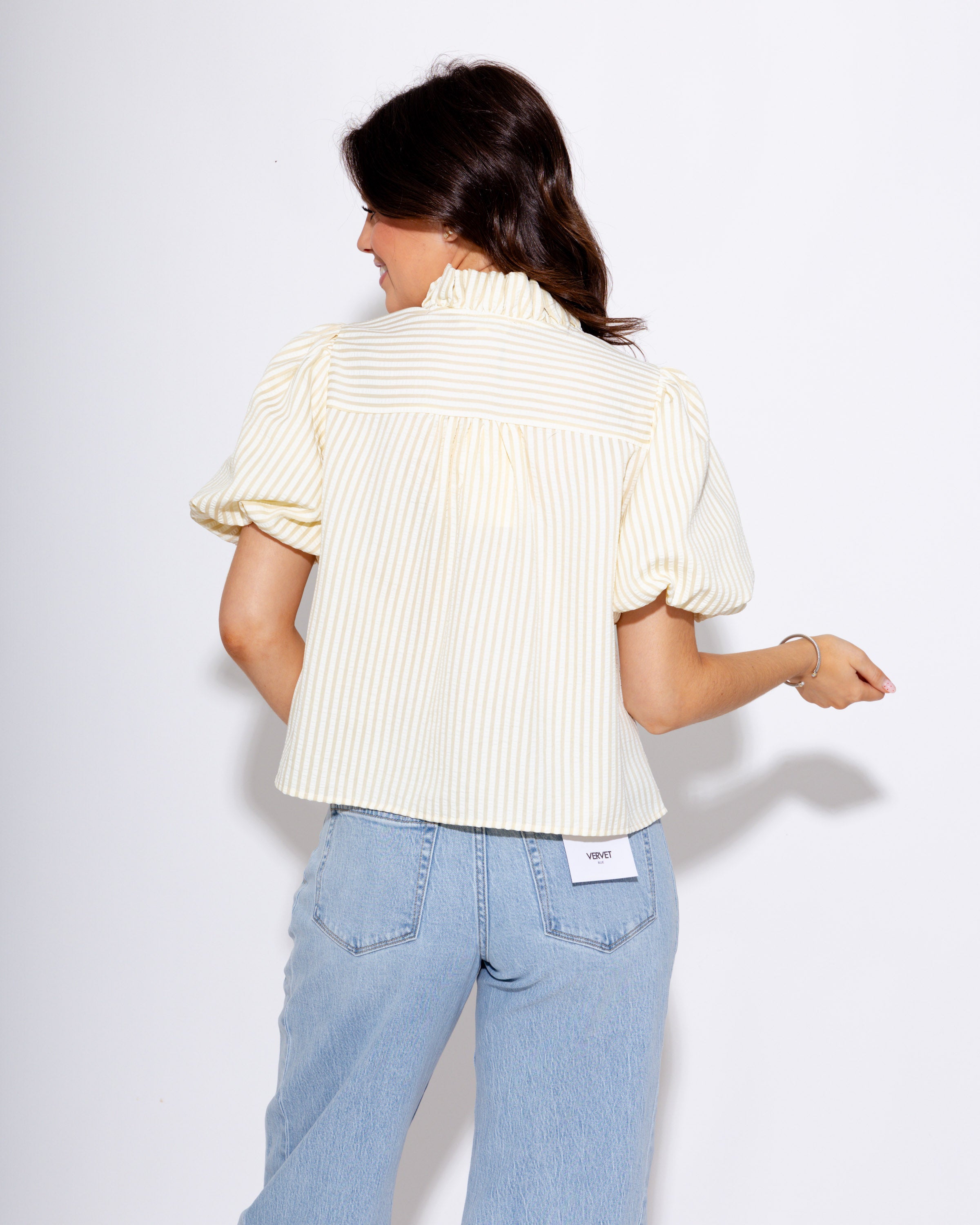 Striped Ruffled Button Up Top in Taupe