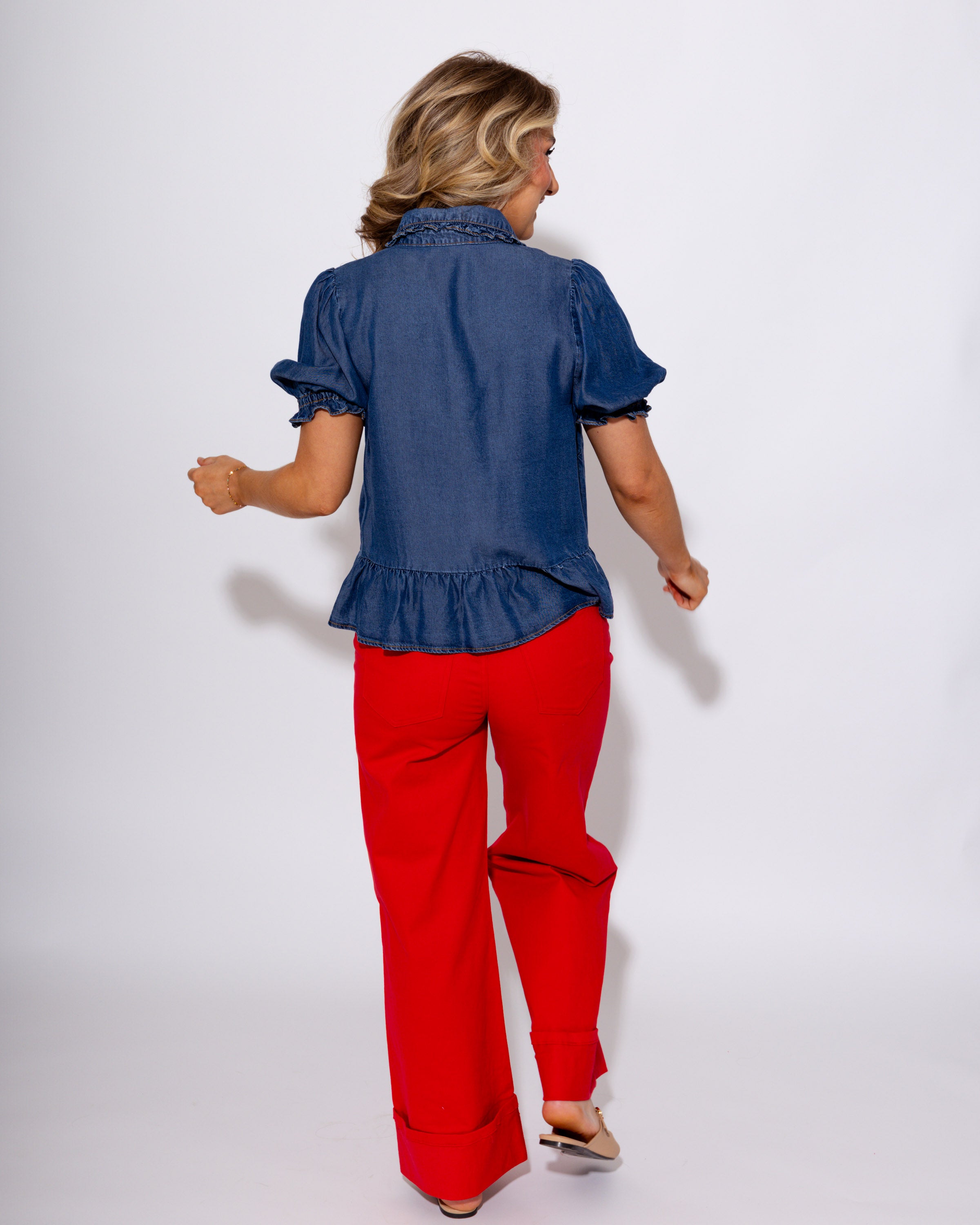 Puff Sleeve Peplum Top in Denim