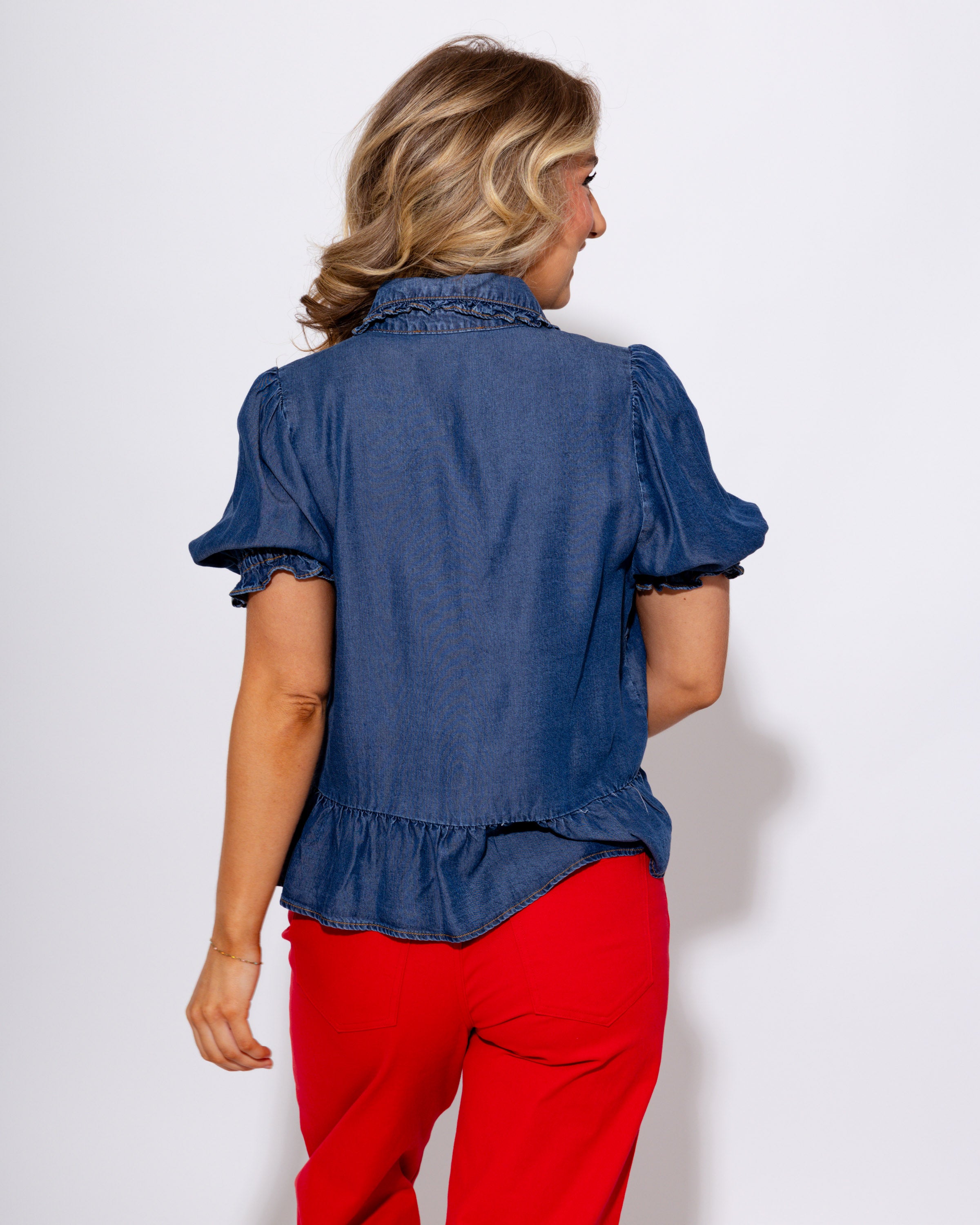 Puff Sleeve Peplum Top in Denim
