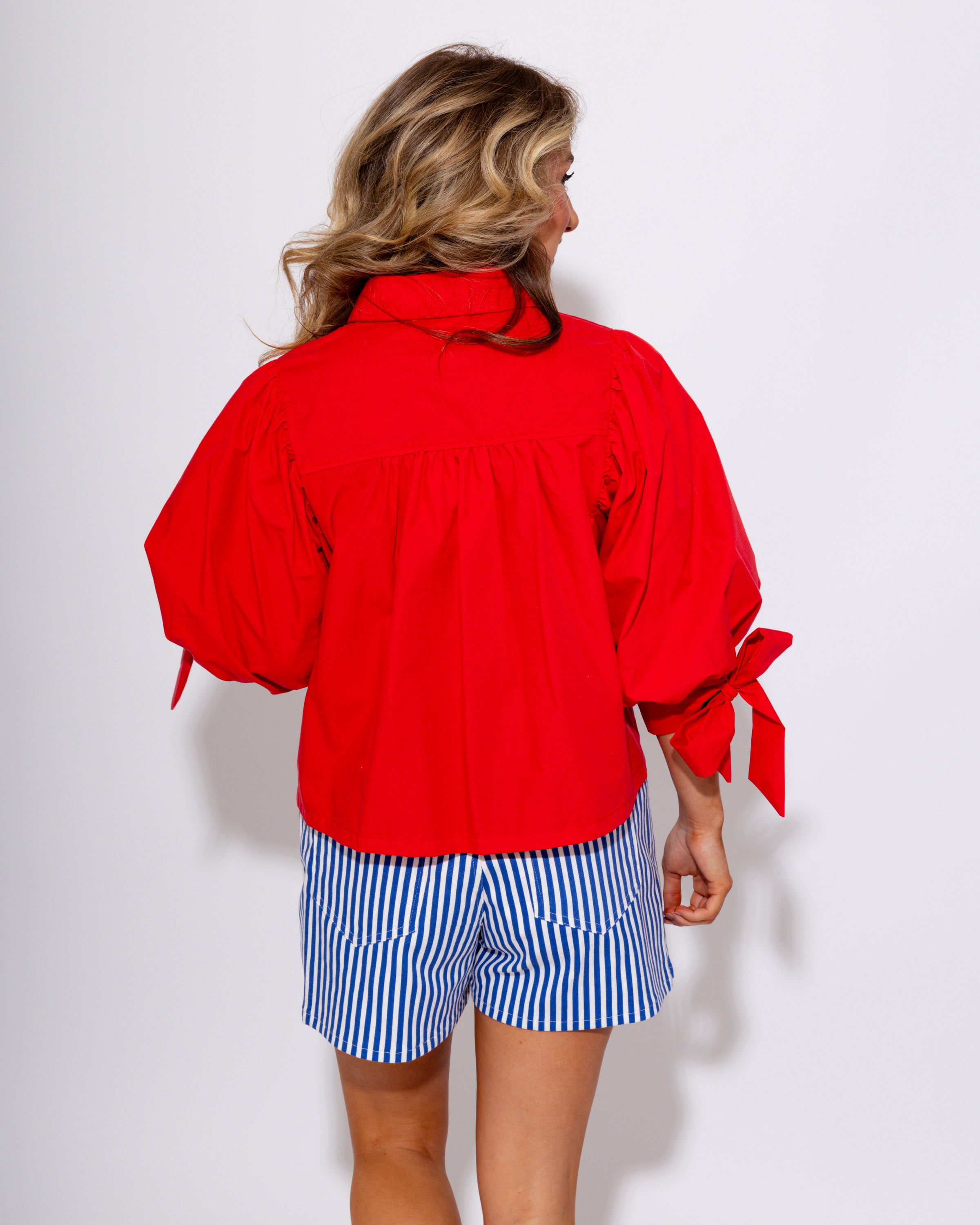 Bow Sleeve Button-Up Top in Red