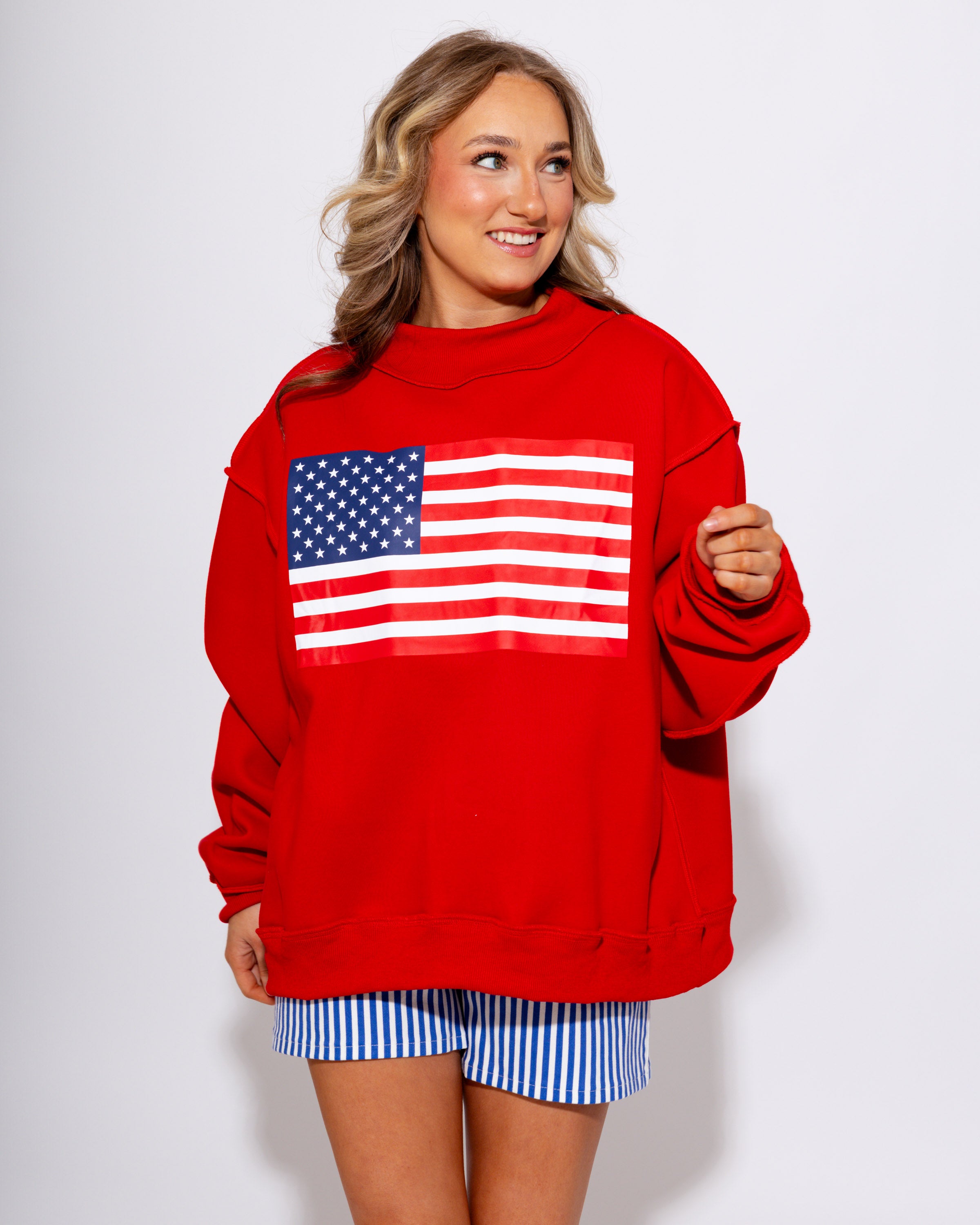 USA/Flag Print Reversible Mock Neck Sweatshirt