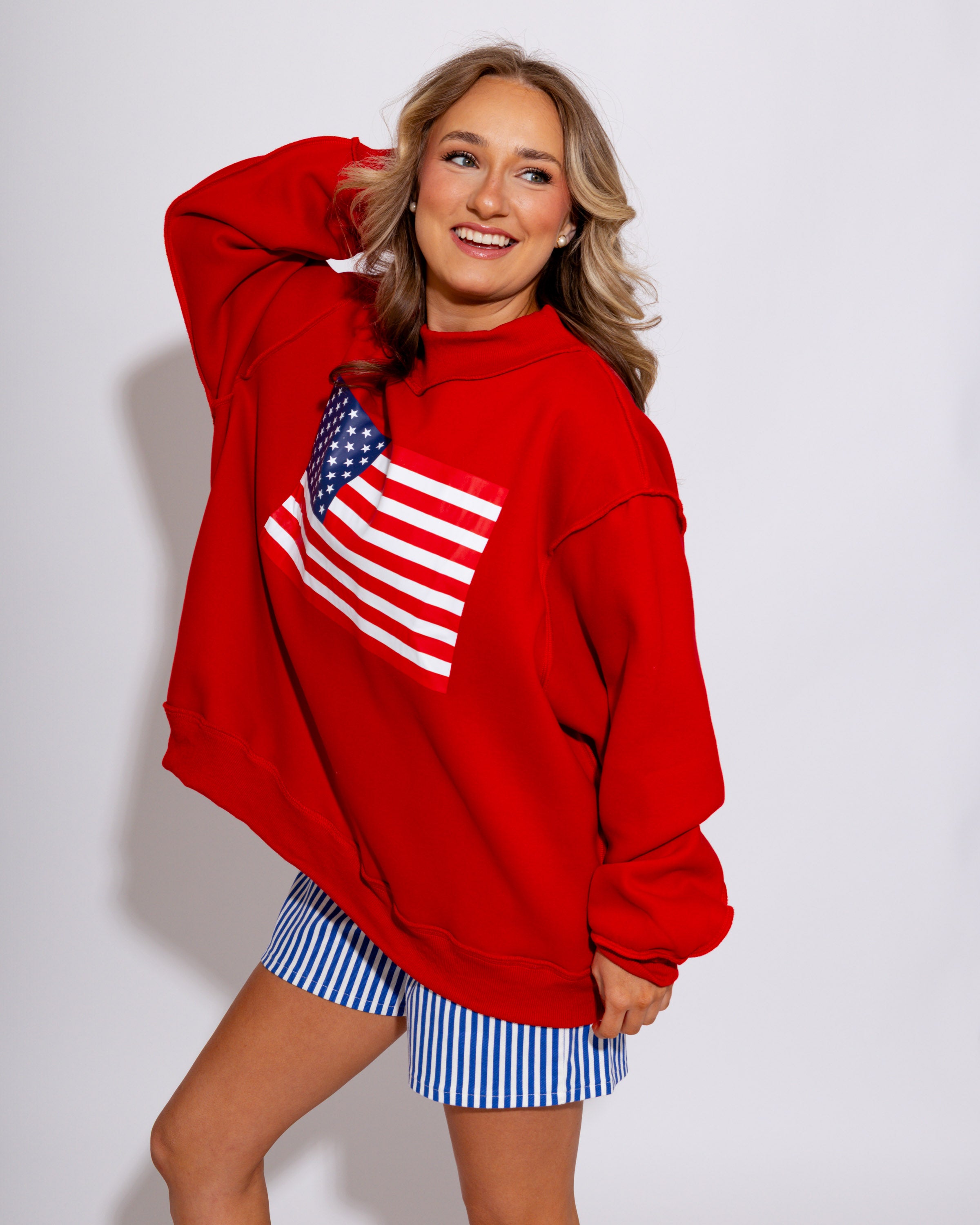 USA/Flag Print Reversible Mock Neck Sweatshirt