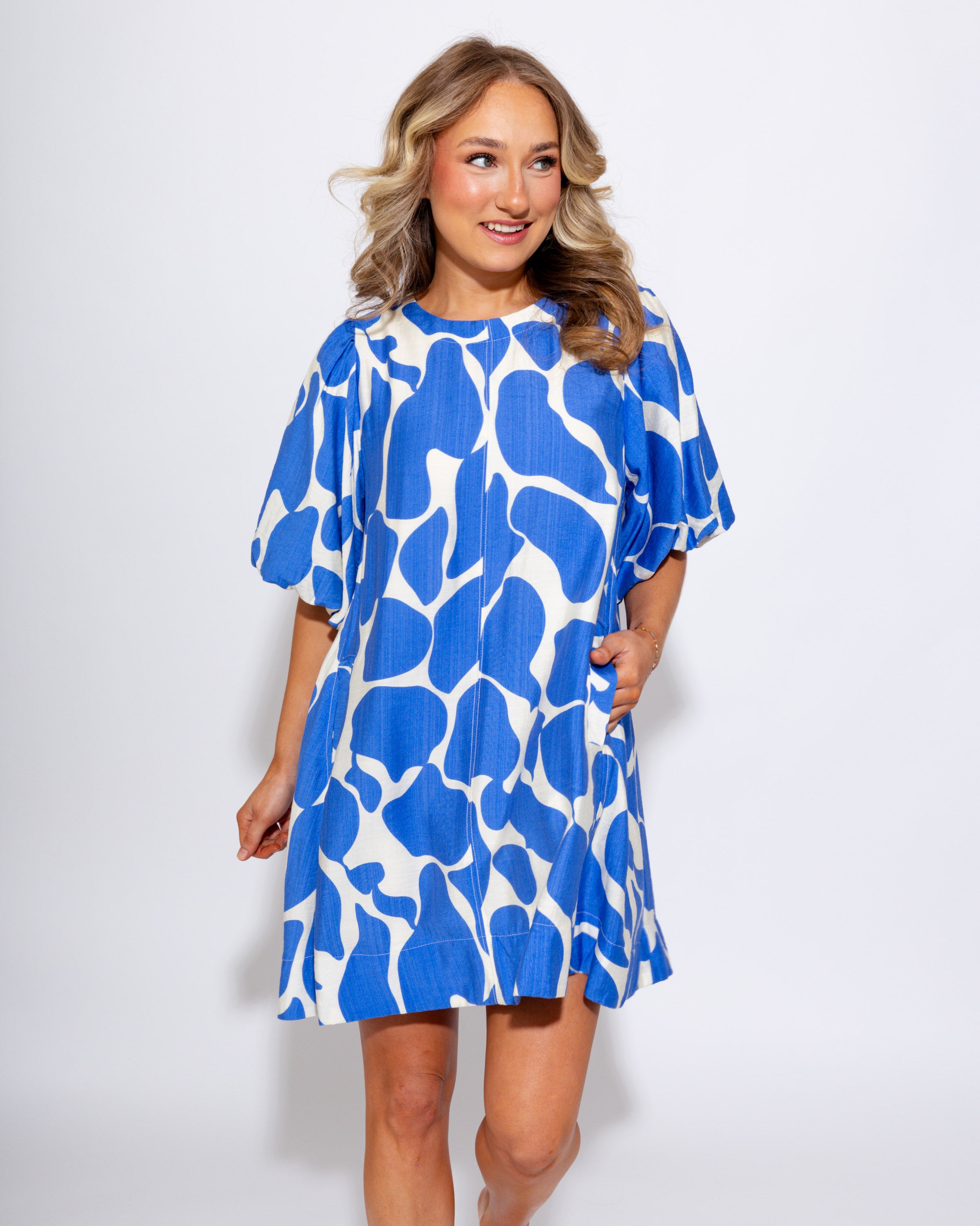 Puff Sleeve Abstract Dress in Cerulean