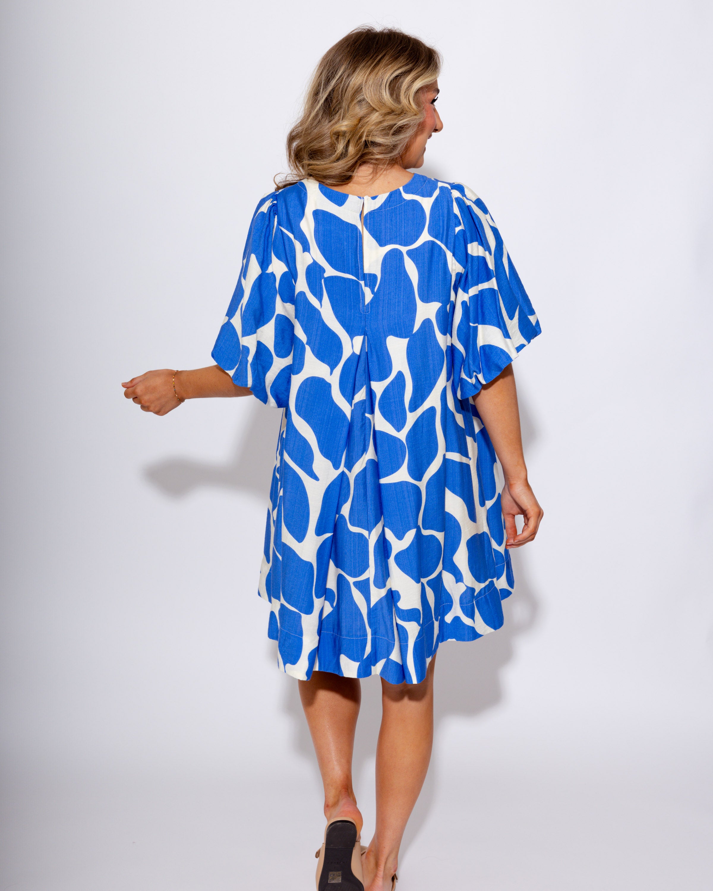 Puff Sleeve Abstract Dress in Cerulean